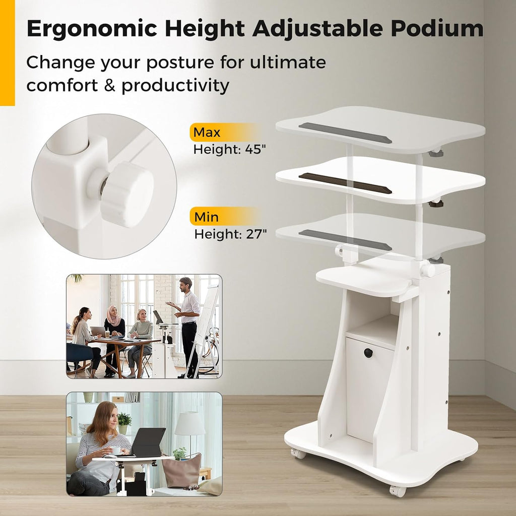 Giantex Mobile Podium Stand, Sit-to-Stand Laptop Cart with Tilting Tabletop & Storage Cabinet, Lockable Casters, Height-Adjustable Rolling Lectern for Classroom, Church, Home Office (White, 2 Pack)