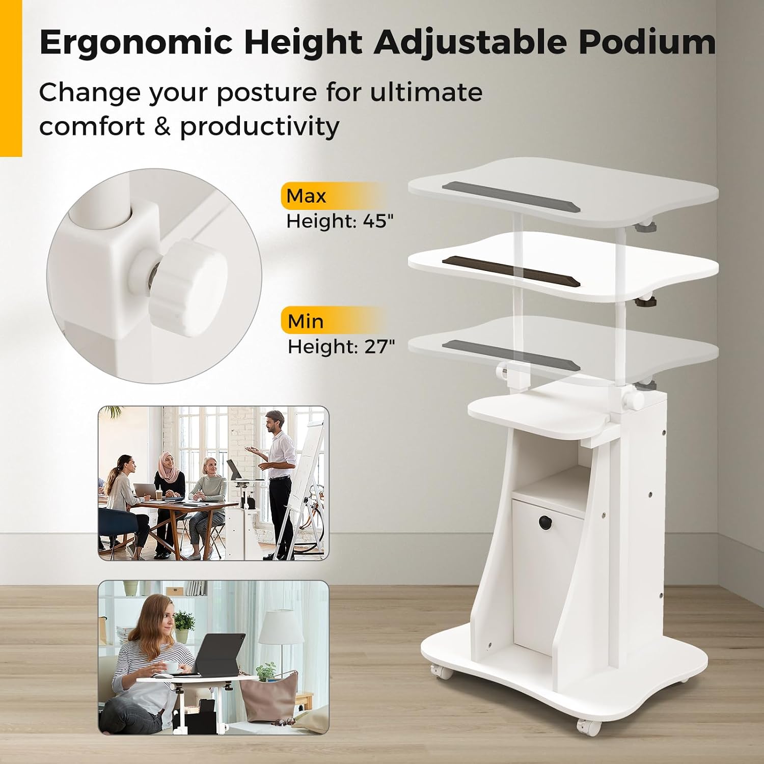Giantex Mobile Podium Stand, Sit-to-Stand Laptop Cart with Tilting Tabletop & Storage Cabinet, Lockable Casters, Height-Adjustable Rolling Lectern for Classroom, Church, Home Office (White, 2 Pack)
