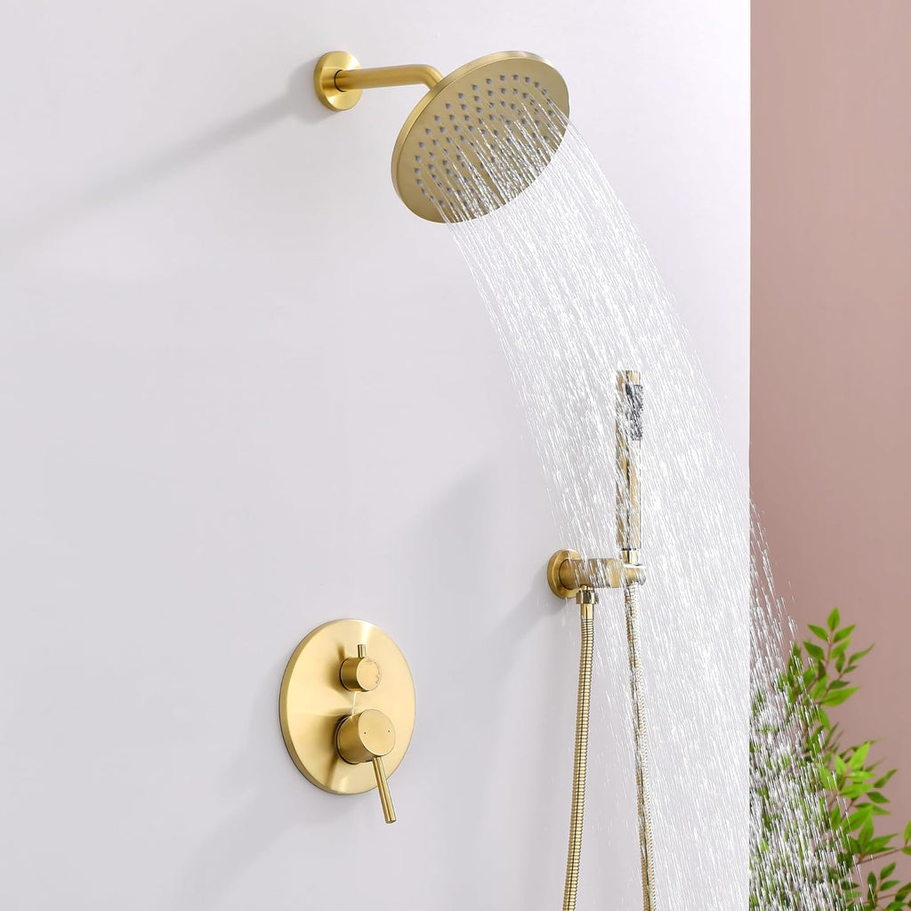 Shower System, Gold Shower Faucet Set, 8' Rainfall Shower Head and Handheld Spray Combo, Round Shower Head and Handle Set with Valve and Trim Kit, Brushed Gold