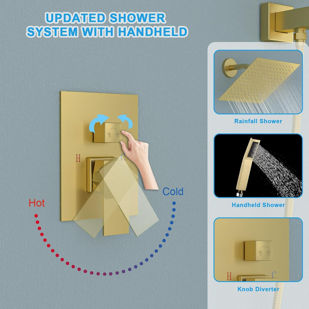Lordear Rain Shower System Wall Mounted Shower Faucet Set with 8 Inch Stainless Steel Shower Head Handle Set and Solid Brass Valve, Brushed Gold Finish