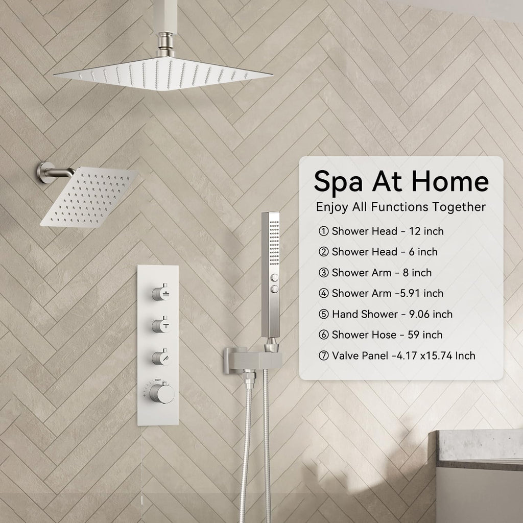 Shower Faucet Set,Thermostatic Shower System,12 Inch Ceiling Mounted and 6 Inch Wall Mount Rain Shower Head with 2 in 1 Handhled,High Pressure Dual Shower Head Combo Set