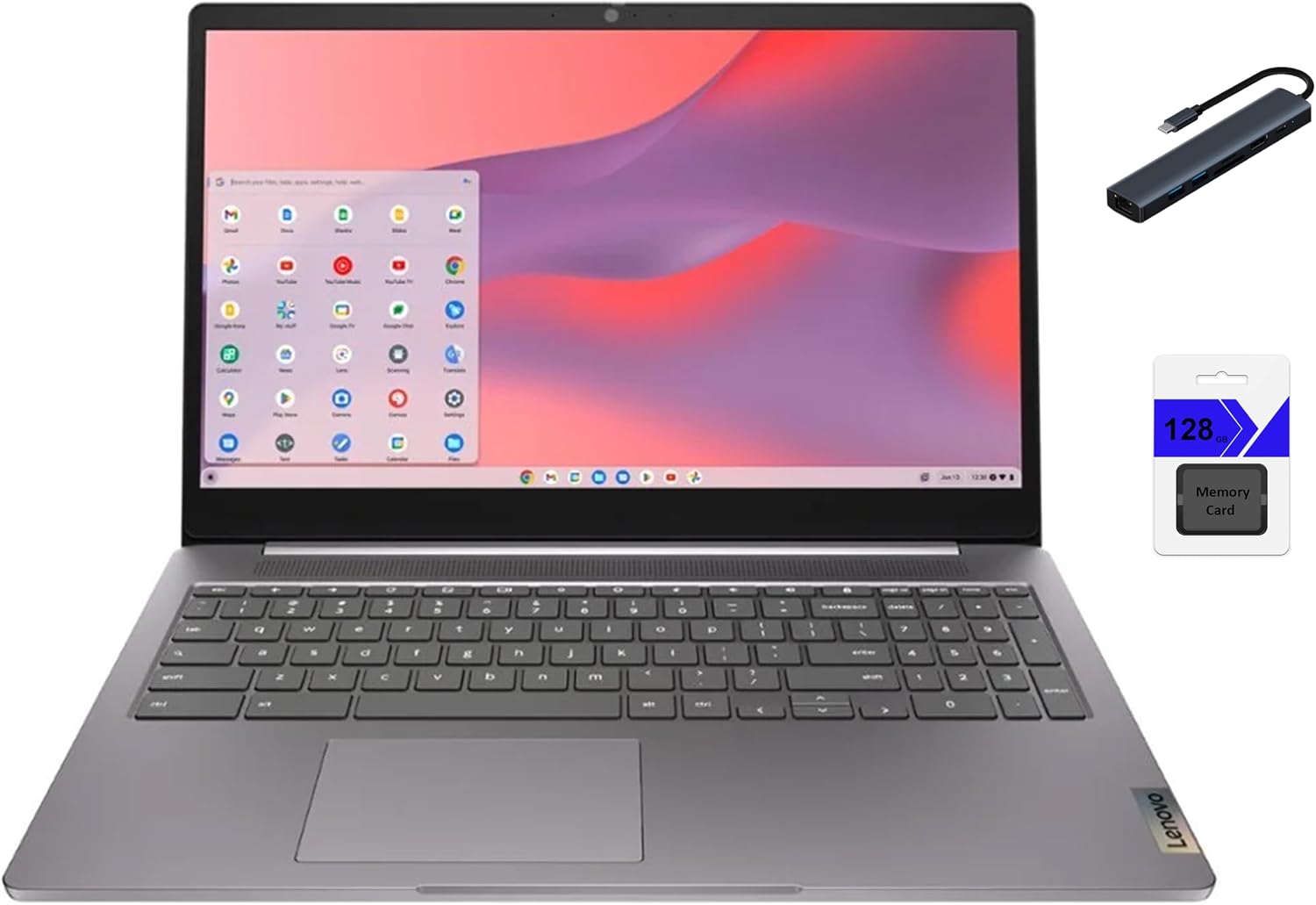 Lenovo IdeaPad 3i Chromebook 15.6' FHD Laptop, Intel Celeron N4500, 4GB Memory, 64GB eMMC + 128GB Memory Card Storage, Chrome OS, Artic Grey with Accessories