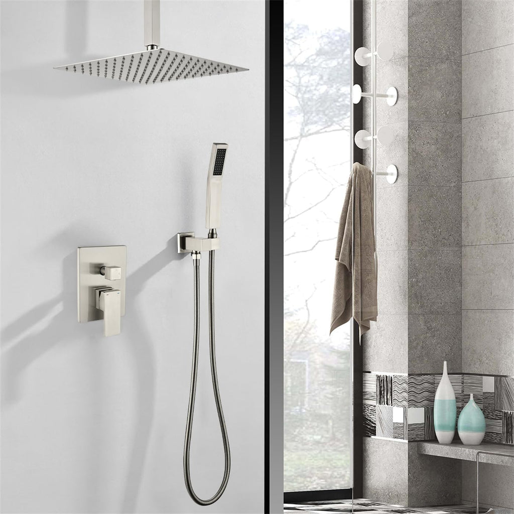 WELLFOR 12 Inch Ceiling Mount Matte Black Shower System, Bathroom Luxury Rain Mixer, Shower Combo Set, Ceiling Rainfall Shower Head Faucet Trim Kits, Rough-in Valve and Trim Included (Brushed Nickel)