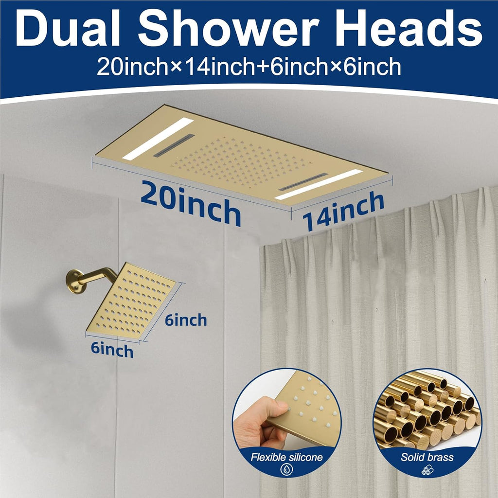 Dual Rain Shower Head Thermostatic Luxury Spa Shower System And Ceiling Mount 14x20 Inch LED 4 Functions with 6 Inch Wall Head Shower Faucet Set,Brushed Gold