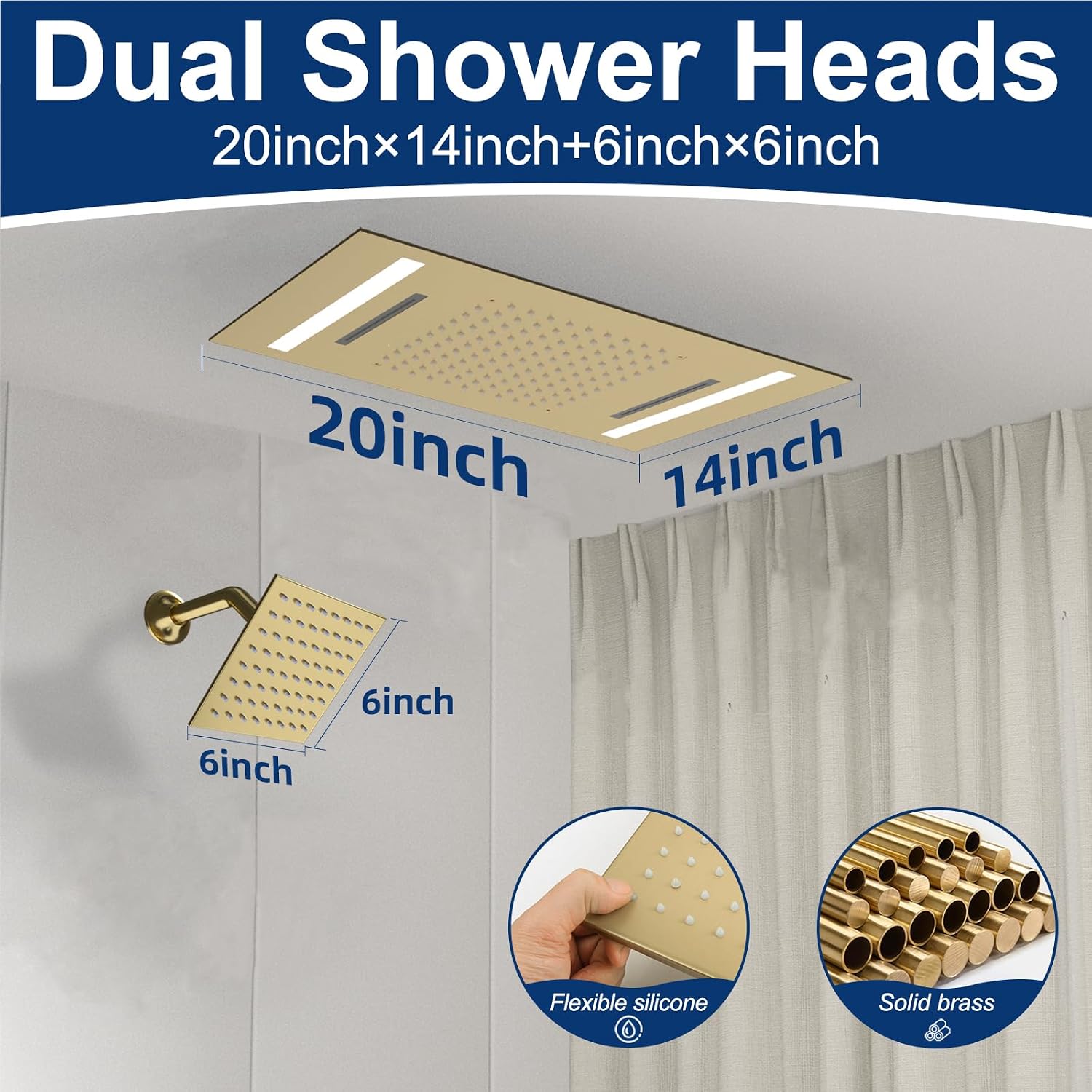 Dual Rain Shower Head Thermostatic Luxury Spa Shower System And Ceiling Mount 14x20 Inch LED 4 Functions with 6 Inch Wall Head Shower Faucet Set,Brushed Gold