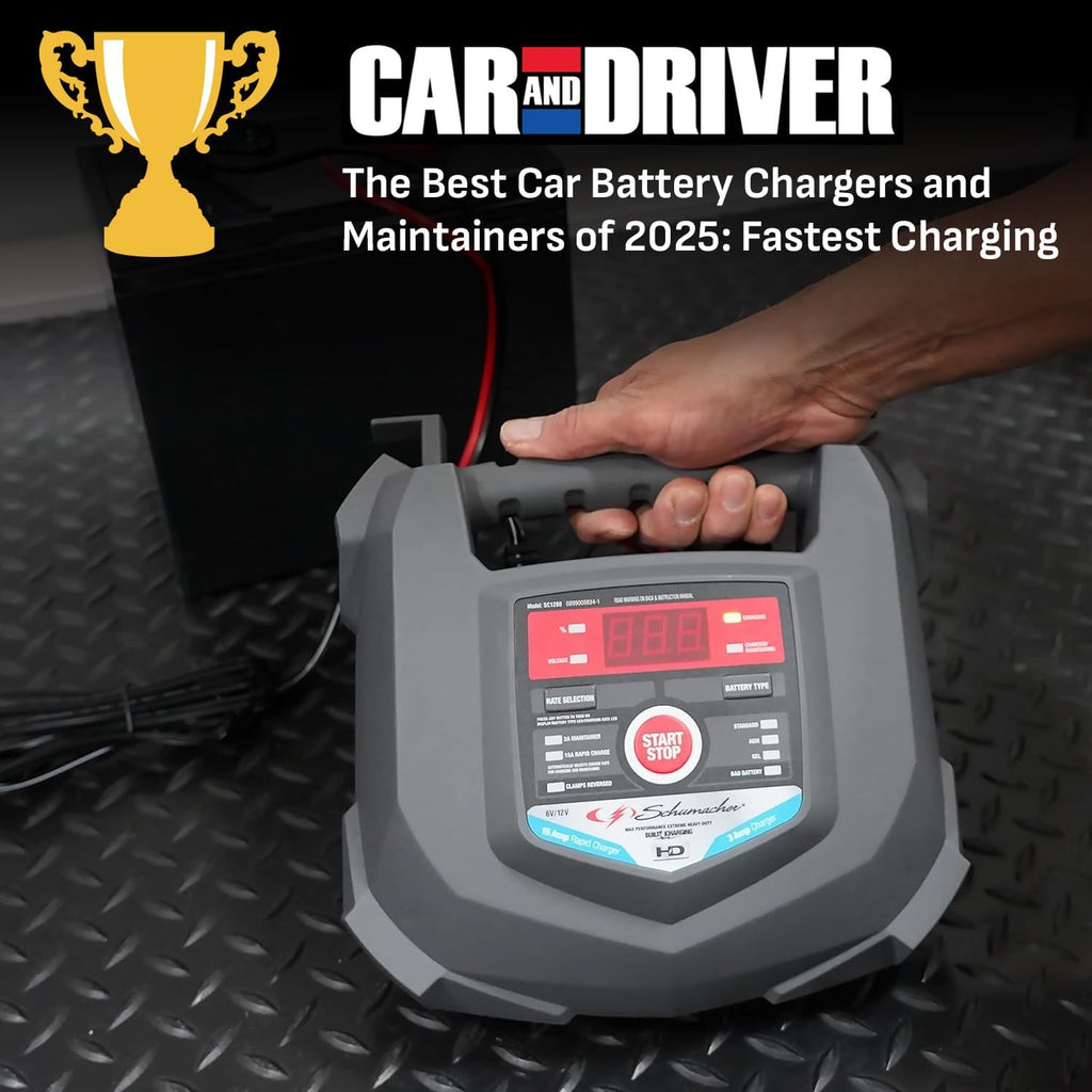 Schumacher Electric Car Battery Charger and Maintainer SC1280 4-in-1, 15 Amp, Fully Automatic for 6v and12v Automobile Batteries - Ideal for Motorcycles, Cars, Trucks, SUVs, Marine Batteries, and More