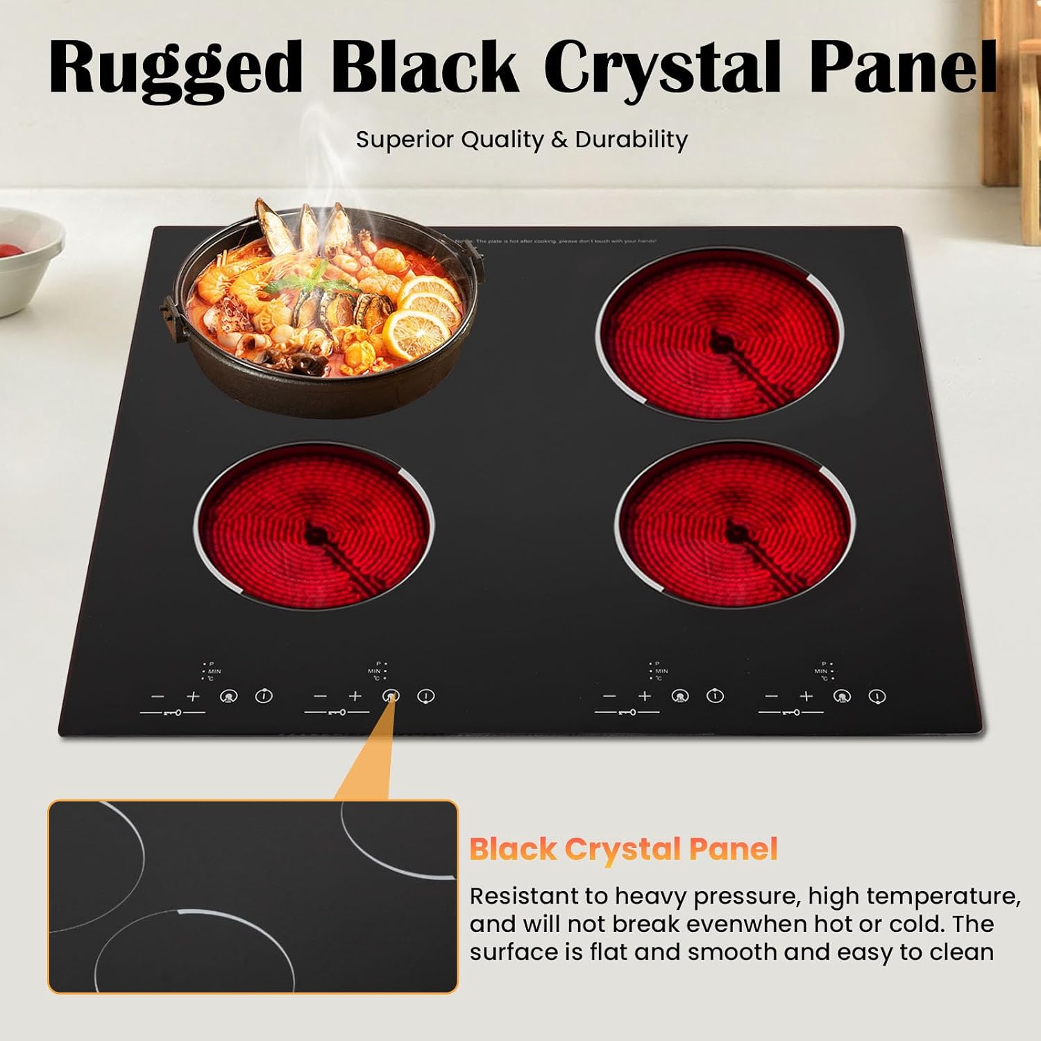 4 Burner Electric Cooktop 110v, 24 Inch Electric Stove Countertop & Built-in, Cooktop with 9 Power Levels, Sensor Touch Control, Safety Lock, Timer, 3000W, No Plug (4 Burners)