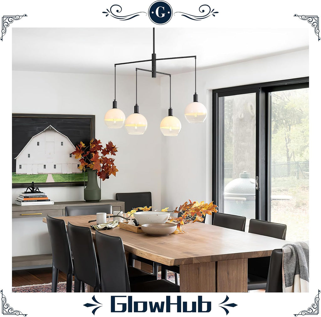 GlowHub Modern Black Chandelier with Milk White Glass Globe Shades 30' 4-Light Pendant Light Mid-Century Sputnik Chandelier Cluster Hanging Light Fixture for Dining Room Entryway Kitchen