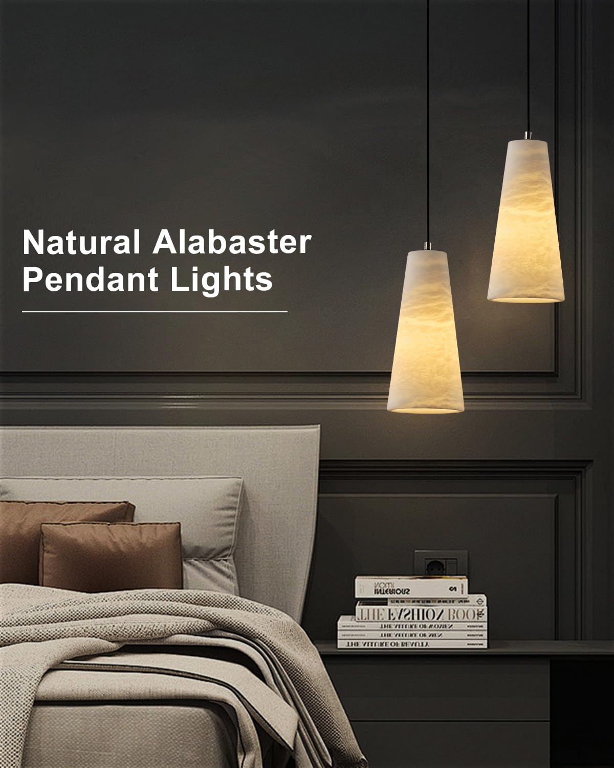 Alabaster Pendant Lights Kitchen Island 2 Pack, H-10in White Pendant Light Fixtures, Marble Conical Shade Black, Light Pendant for Bedroom Bathroom Dining Room Living Room (Dimmable Bulbs INCL)