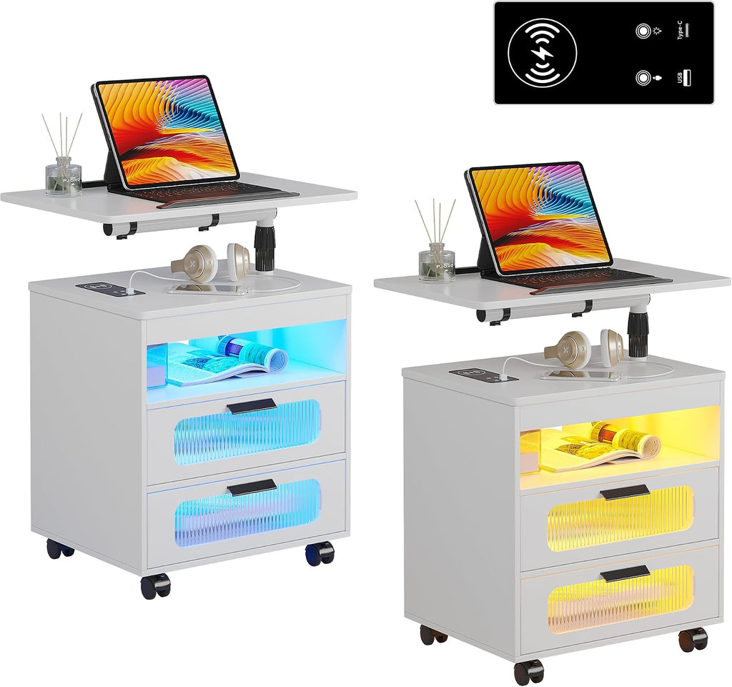 HNEBC LED Nightstand Set of 2 with Charging Station & Adjustable Overbed Desk, 3 Color LED Lights & Body Sensor, Mobile Bedside Table with Wheels, 2 Drawers & Open Shelf for Bedroom(White)