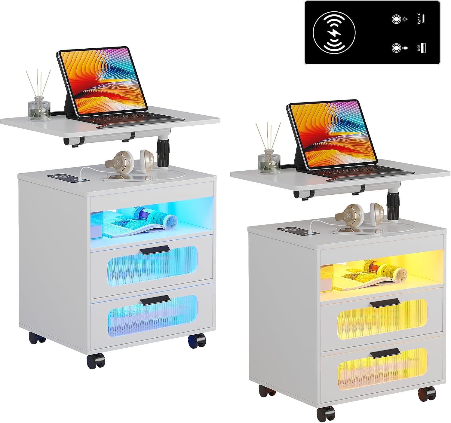 HNEBC LED Nightstand Set of 2 with Charging Station & Adjustable Overbed Desk, 3 Color LED Lights & Body Sensor, Mobile Bedside Table with Wheels, 2 Drawers & Open Shelf for Bedroom(White)