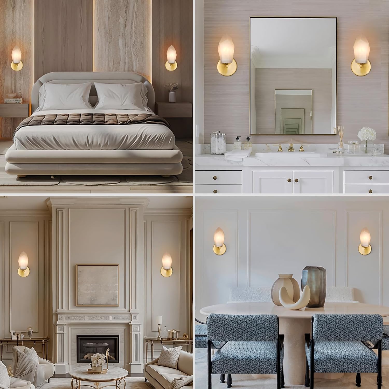 Alabaster Wall Sconces Set of Two, Spanish Marble Wall Lamp, Modern Wall Sconce for Living Room, Hardwired Wall Lighting for Bedroom, Wall Light for Bathroom Hallway Stairs, Gold