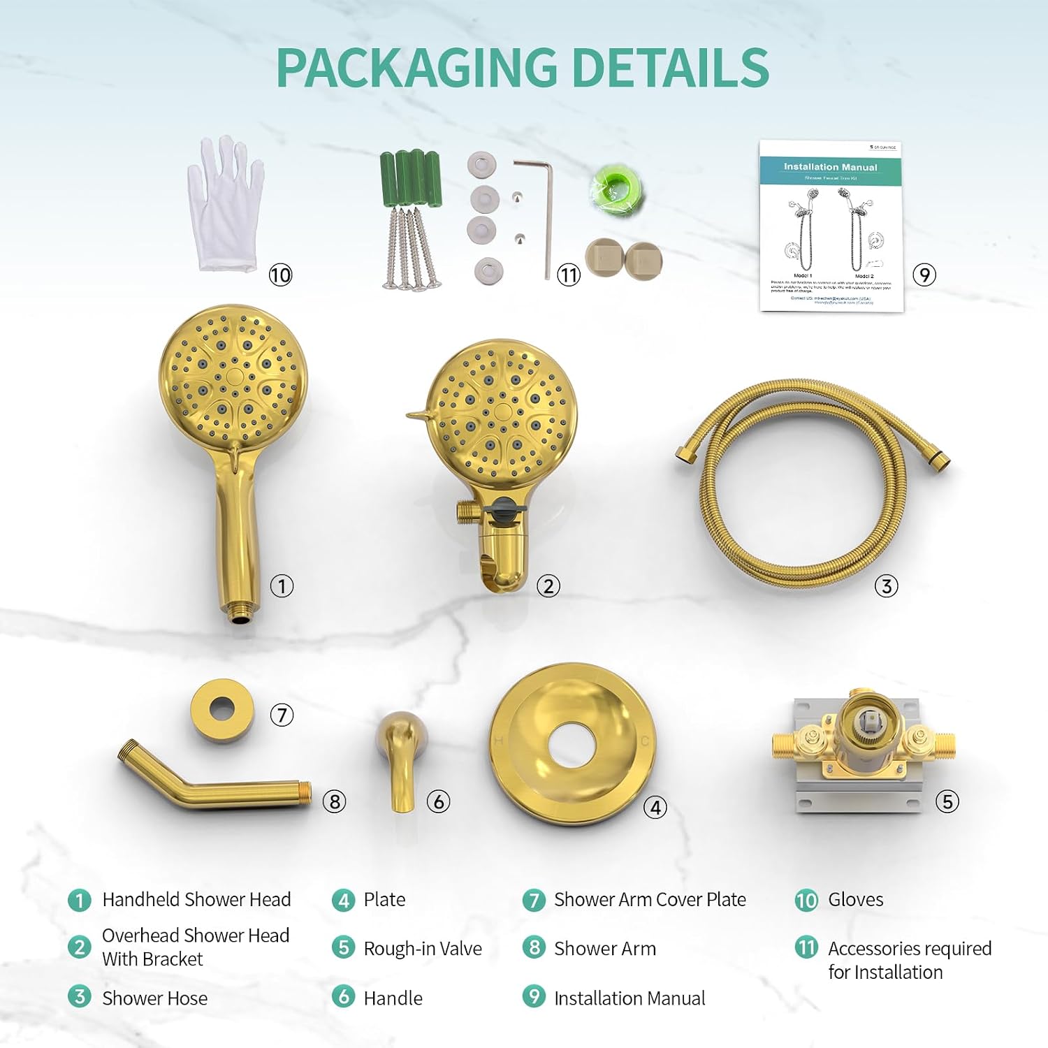 SR SUN RISE High Pressure 3-Way Rainfall Shower Faucet, 3 in 1 Shower Head and Handheld Shower Combo Set with 71' Hose, Easy to Clean Bathtub or Pets, Valve and Shower Trim Kit, Brushed Gold