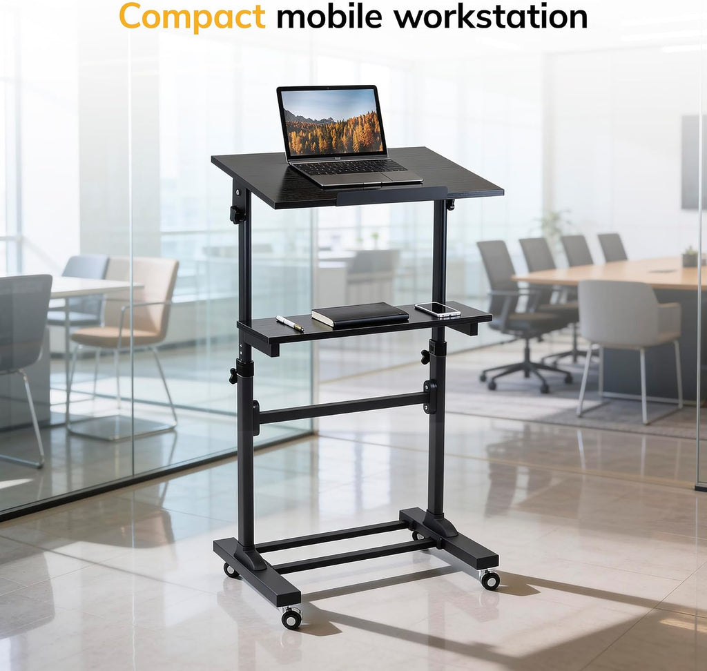Mount-It! Portable Standing Desk with Wheels, Rolling Mobile Laptop Desk, Height Adjustable Sit Stand Workstation (41.3″–50″), Small Compact Mobile Lectern Podium for Home Office, Classroom & Training