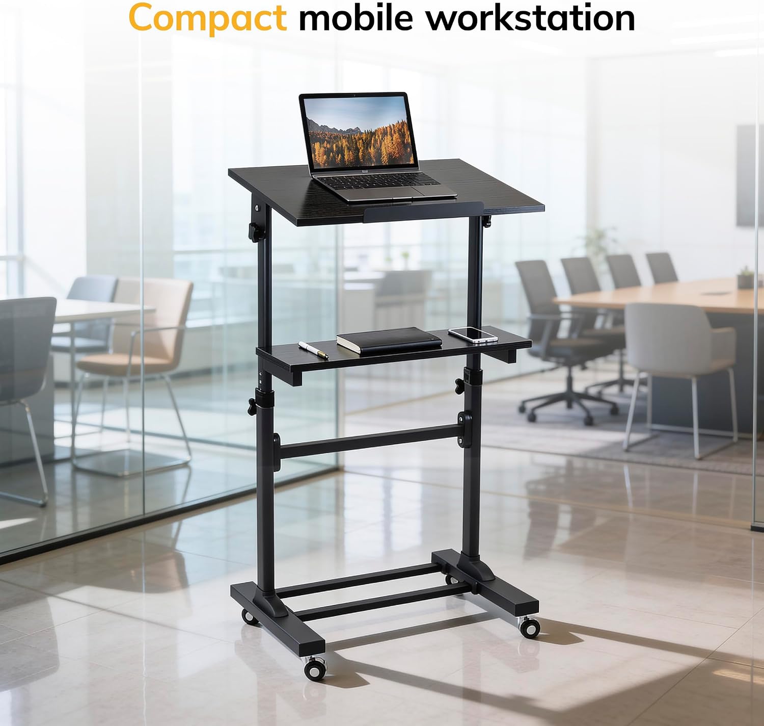 Mount-It! Portable Standing Desk with Wheels, Rolling Mobile Laptop Desk, Height Adjustable Sit Stand Workstation (41.3″–50″), Small Compact Mobile Lectern Podium for Home Office, Classroom & Training