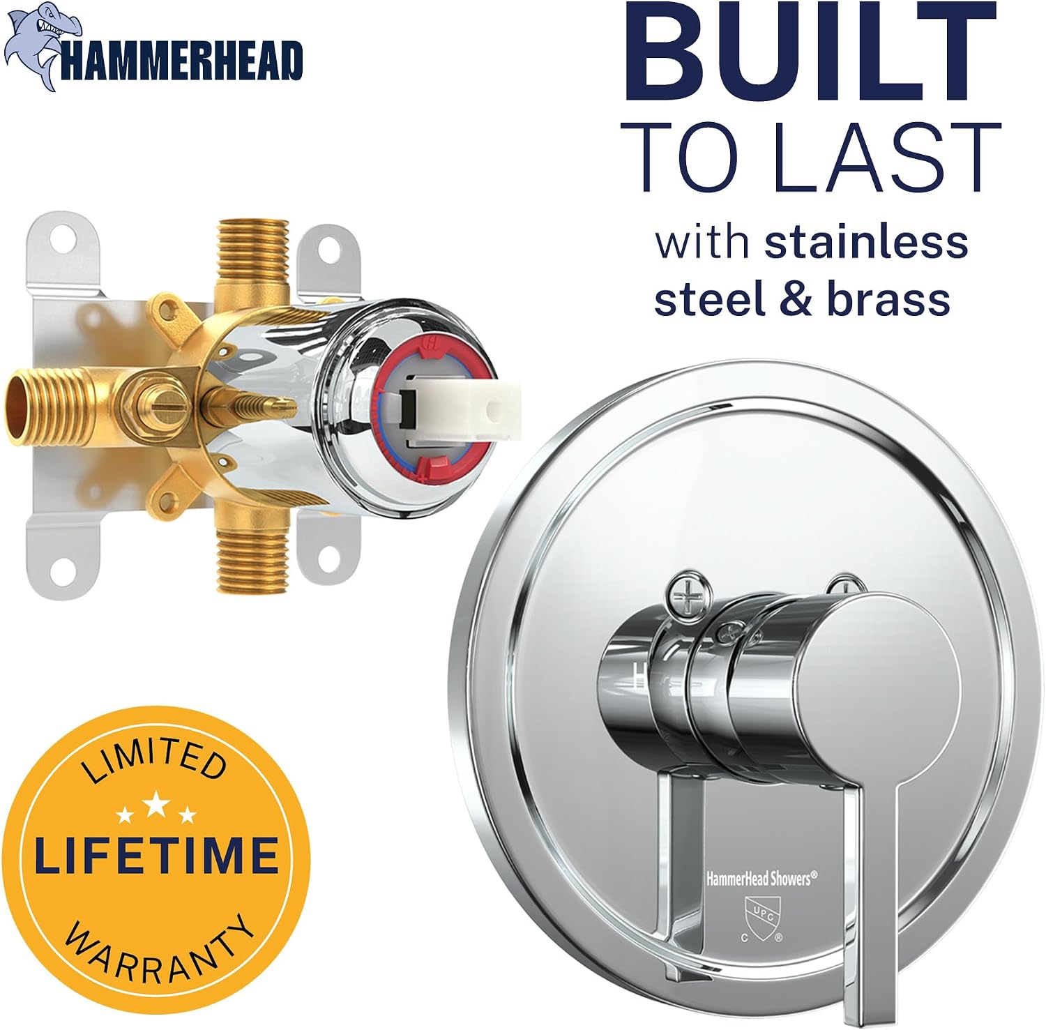 HammerHead Showers Solid Metal Single-Handle Trim Kit with Rough-In Shower Valve, Volume and Temperature Control, Pressure Balance, Chrome
