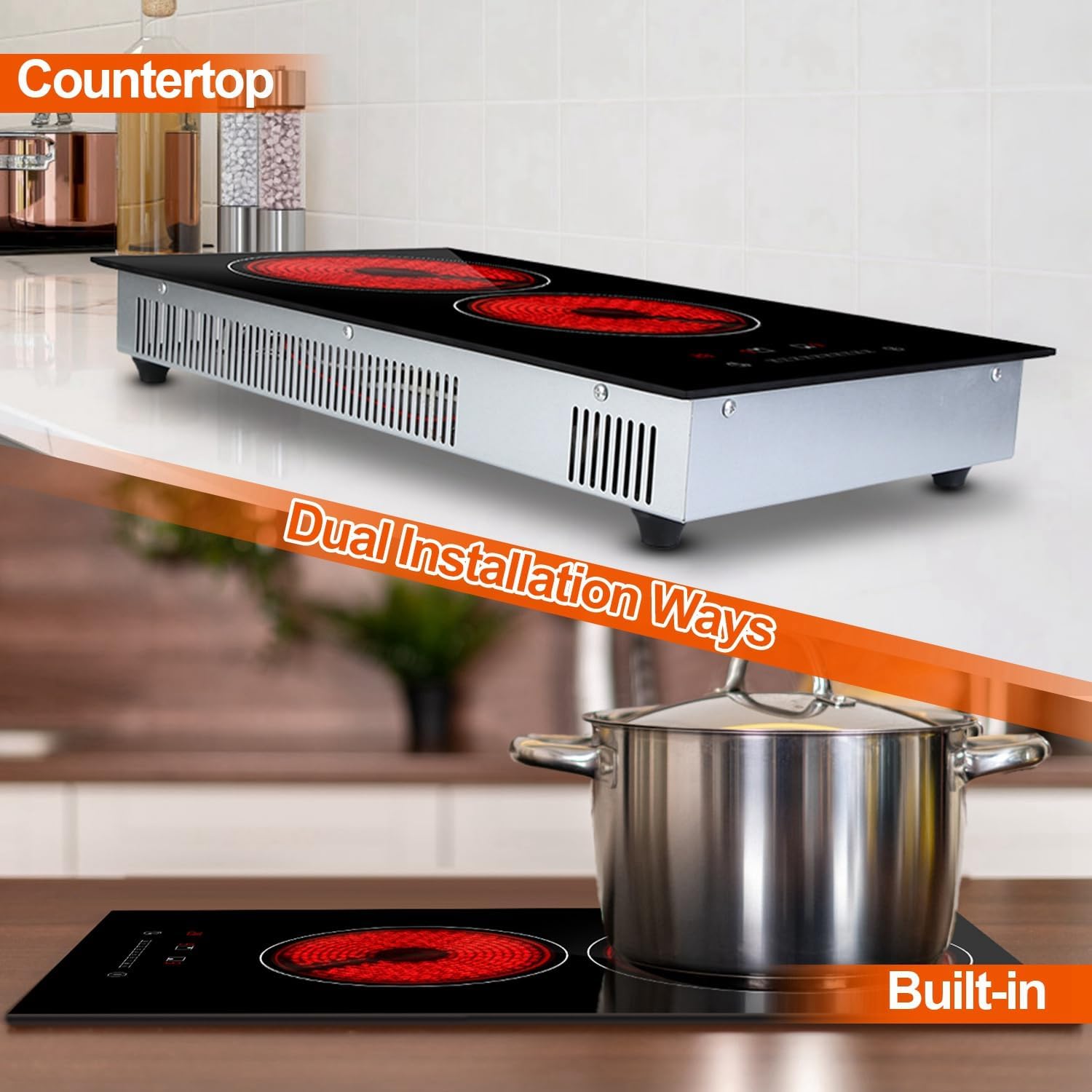 2 Burner Electric Cooktop, 9 Firepower Levels Plug-in Electric Cooktop with Timer Setting, 110V Built-in Electric Ceramic Stove with Over Heating Protection