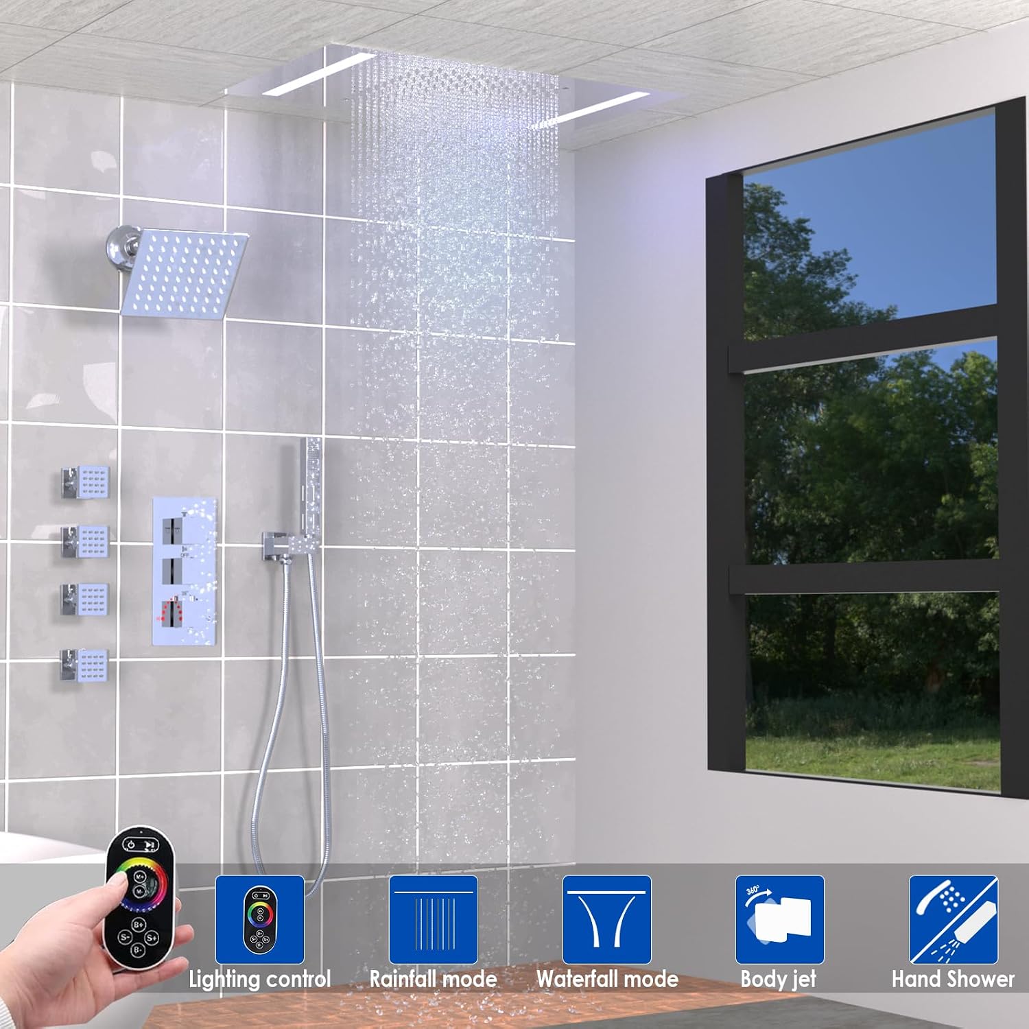 Thermostatic Dual Heads Shower System Chrome Faucets Set, 4-Way Full Body Spray Shower Fixtures 14X20' LED Rainfall Shower Head with 6' Wall Mount Showerhead, Dual-mode Handheld, 4 Jets with Shut-Off
