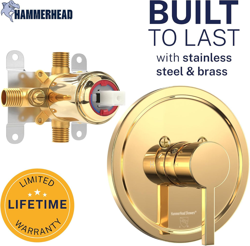 HammerHead Showers Solid Metal Single-Handle Trim Kit with Rough-In Shower Valve, Volume and Temperature Control, Pressure Balance, Polished Brass
