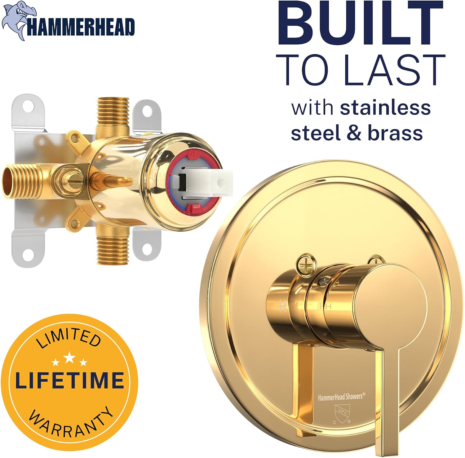 HammerHead Showers Solid Metal Single-Handle Trim Kit with Rough-In Shower Valve, Volume and Temperature Control, Pressure Balance, Polished Brass