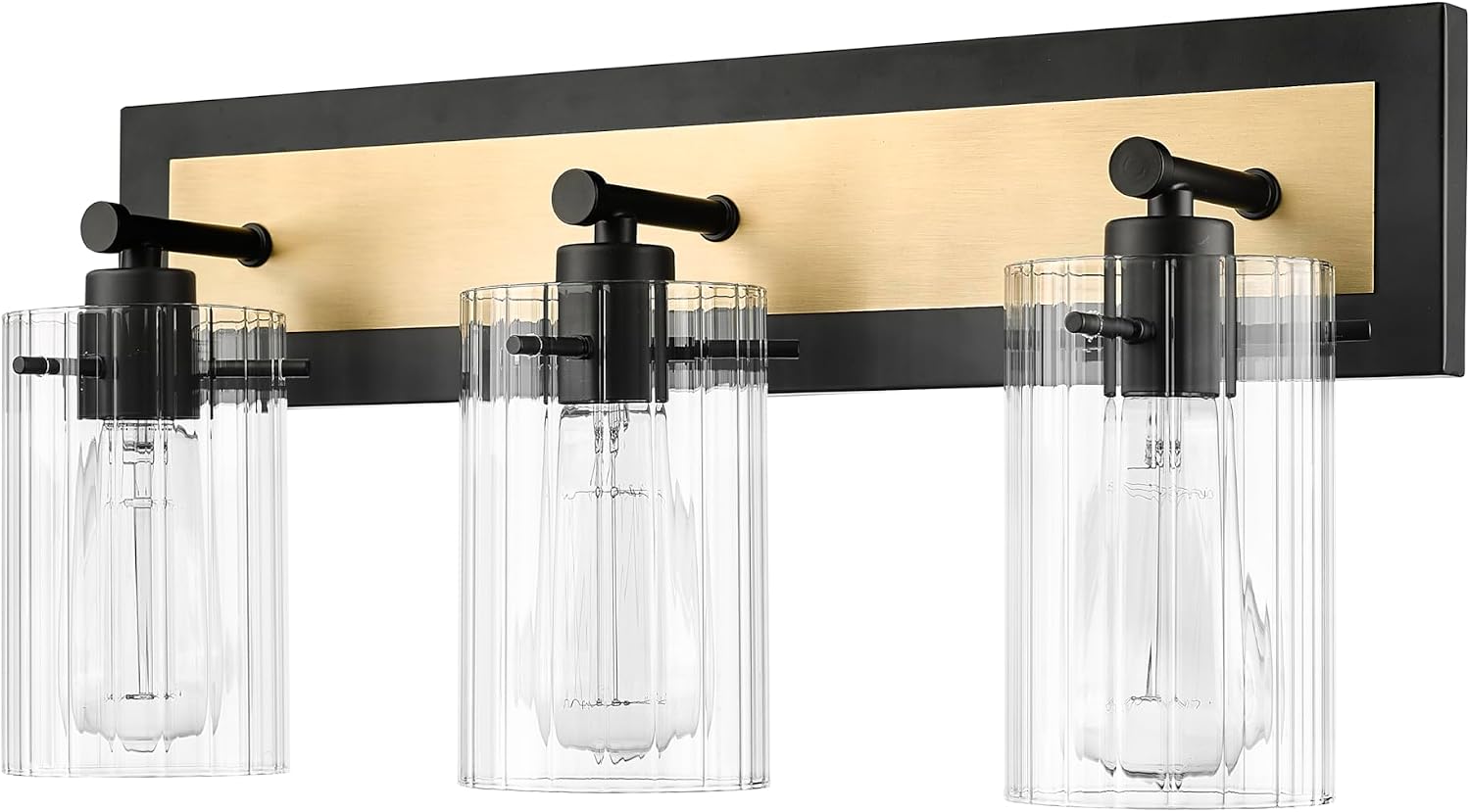 ML Lighting | Gasol Collection | 25003-MB/VB | 3 Light Vanity in Matte Black - Vintage Brass with Clear Ribbed Glass Shade | Versatile Design That adds High-End Texture and Elegance to Your Bathroom