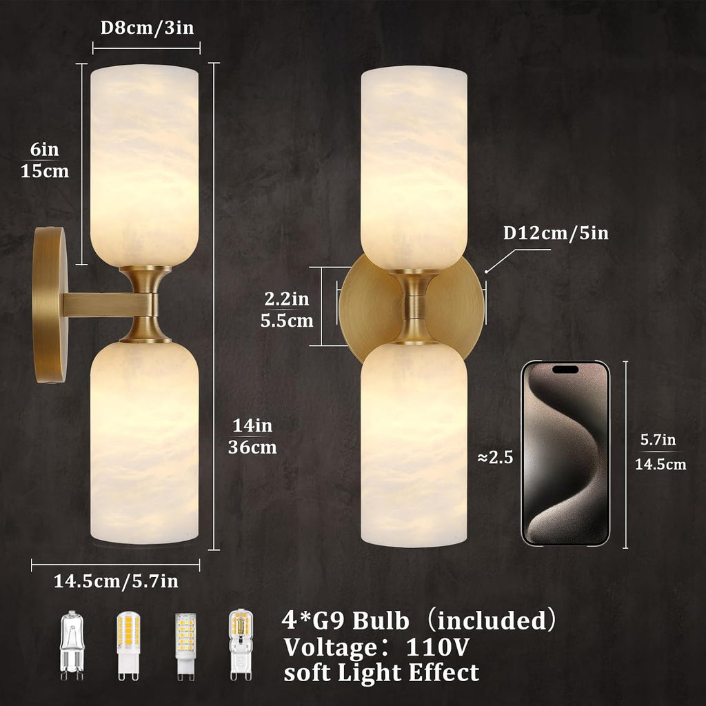 Gold Alabaster Wall Sconces Set of 2, 14in Spanish Natural Marble Sconce, Modern Stone Wall Light, Dimmable Alabaster Vanity Light Hardwired Brass Wall Lamp for Bathroom Mirror, Bedroom, Hallway