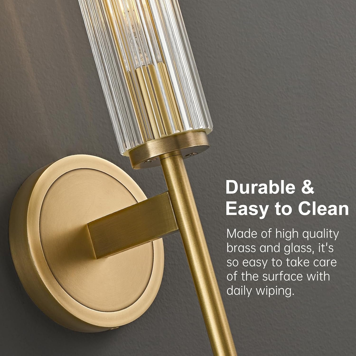 18.9' Solid Brass Wall Sconce with Ribbed Groove Glass Tube - Gold Wall lamp Includes Bulbs - Modern Brushed Copper Wall Sconces for Bathroom, Living Room, Hallway, Staircase, Mirror
