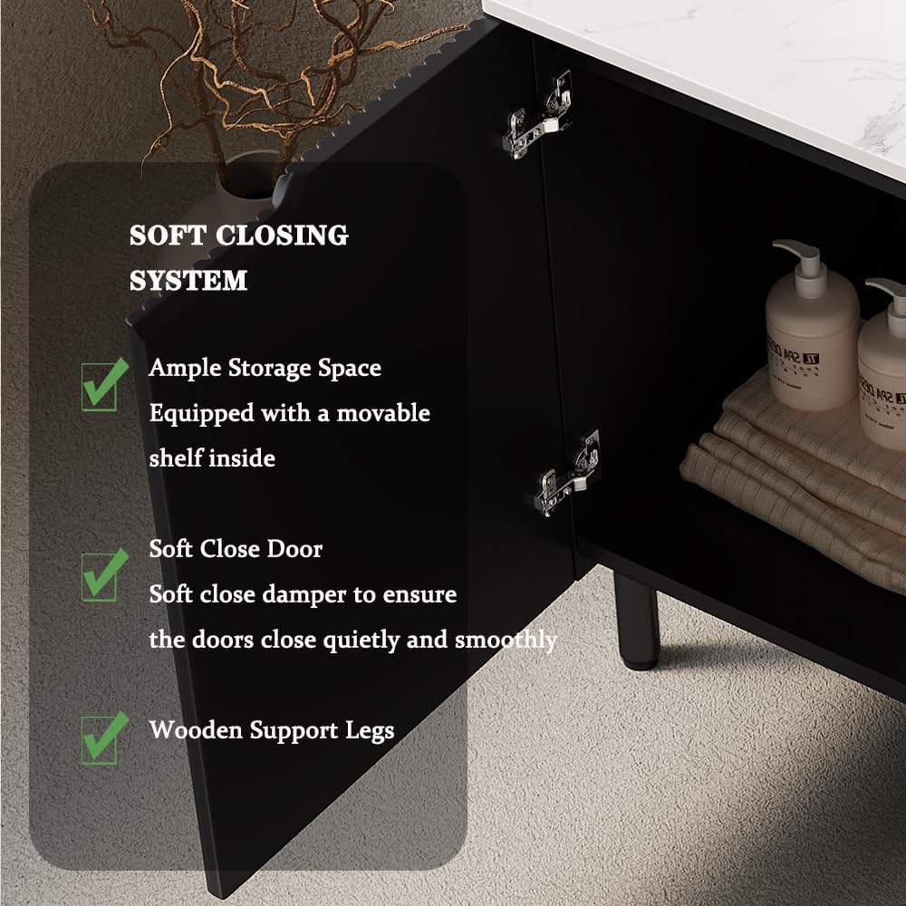 60' Bathroom Vanity with Sink, Modern Bathroom Vanities with 4 Soft-Closing Doors, Freestanding Bathroom Cabinet with Ceramic Basin and Carrara White Sintered Stone Counter Top-Colmar, Black