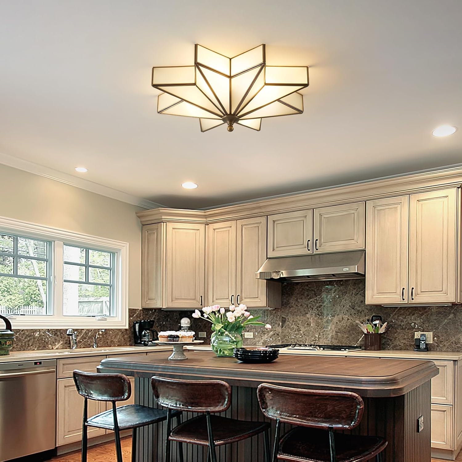 Star Brass Glass Ceiling Light - 19.5 In Black Large Flush Mount Fixture - Art Deco Mid Century Vintage Modern Moravian Lighting Light for Bedroom Dining Kitchen Foyer Farmhouse Living Room