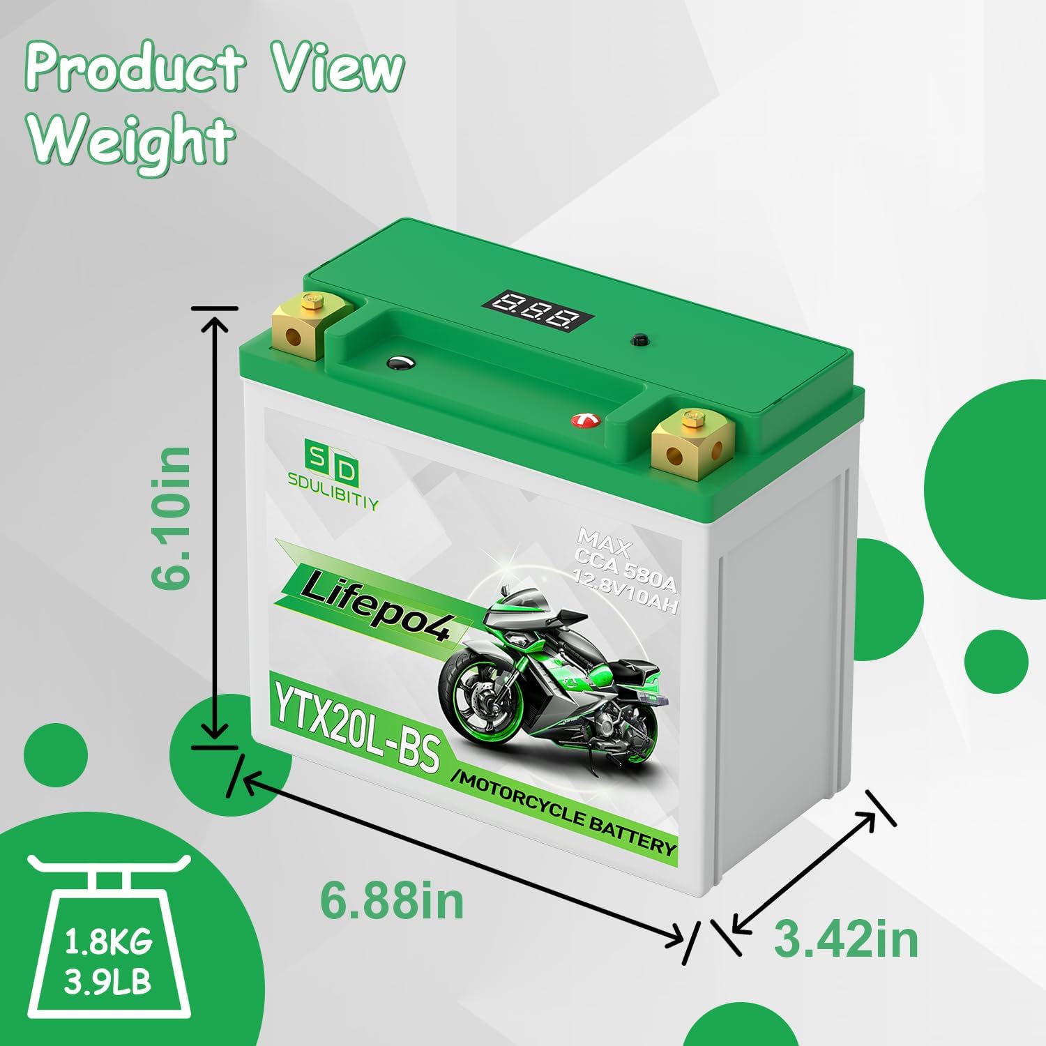 Lithium Motorcycle Battery LiFePO4 YTX20L-BS 12.8V 10Ah 580-750CCA Powersports Battery For Motorcycle Compatible ATV, UTV, Jet Ski, 4 wheeler, Scooter, PWC, Seadoo, Polaris and Generator Battery
