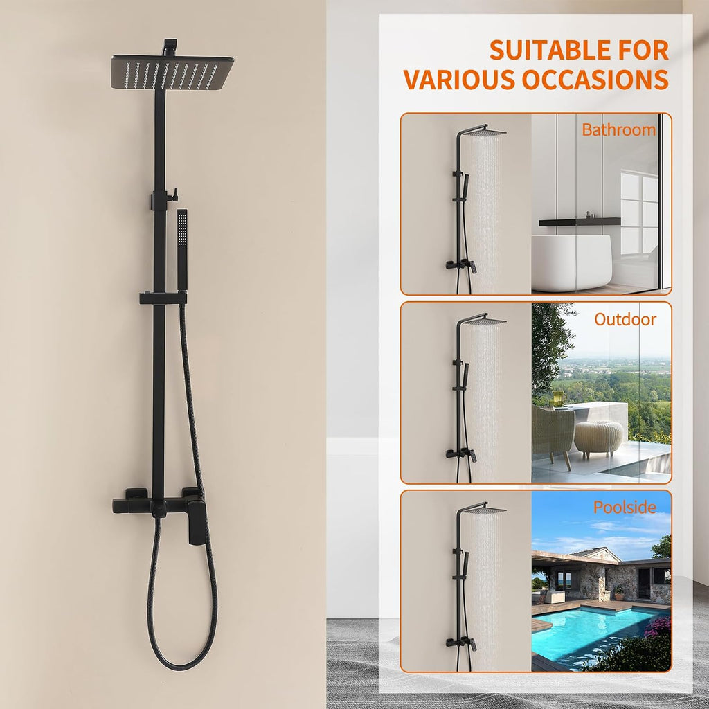 Exposed Shower System with Rain Shower and Handheld Sprayer, Outdoor Shower Fixture with Tub Spout, Rainfall Showerhead Faucet Combo Set for Bathroom Height Adjustable Shower Mixer Matte Black