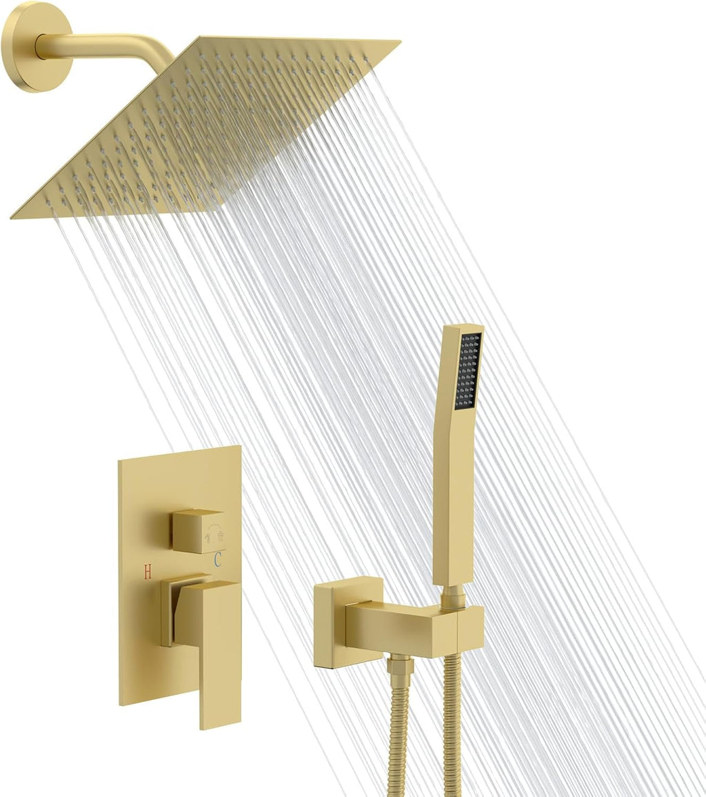 Lordear Rain Shower System Wall Mounted Shower Faucet Set with 8 Inch Stainless Steel Shower Head Handle Set and Solid Brass Valve, Brushed Gold Finish