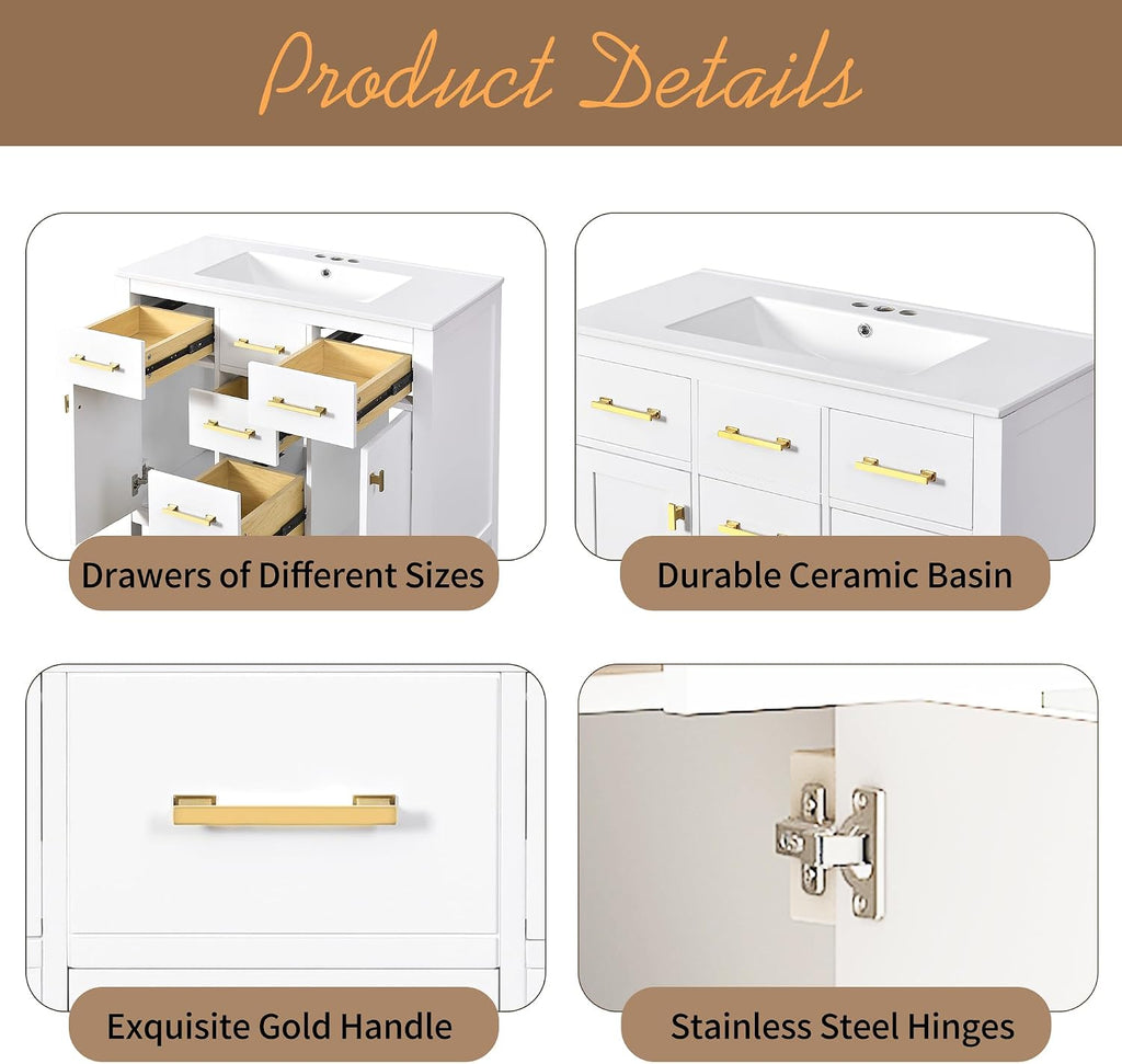 Virubi 36' Bathroom Vanities with Single Sink Set, Bathroom Storage Cabinet with 4 Drawers and 2 Soft Closing Doors, Solid Wood Frame Bathroom Sink Vanities (White)