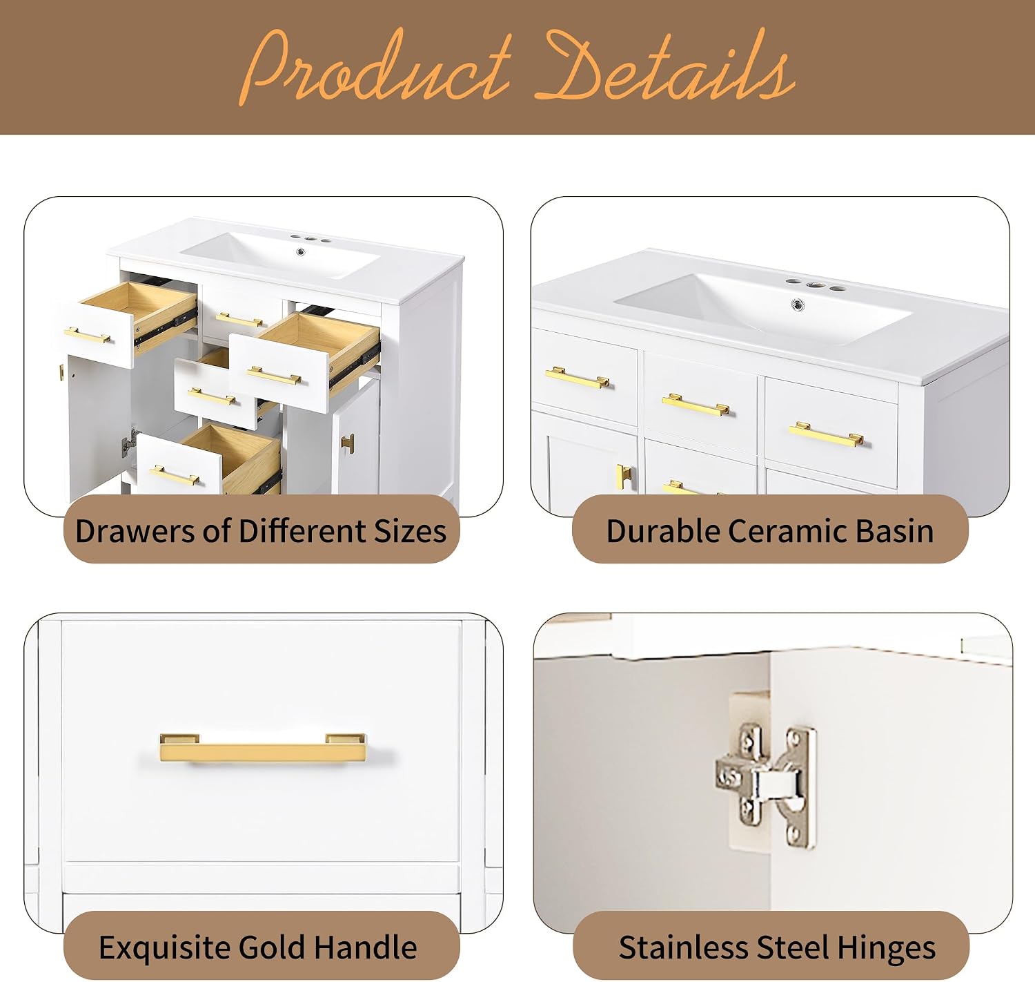 Virubi 36' Bathroom Vanities with Single Sink Set, Bathroom Storage Cabinet with 4 Drawers and 2 Soft Closing Doors, Solid Wood Frame Bathroom Sink Vanities (White)