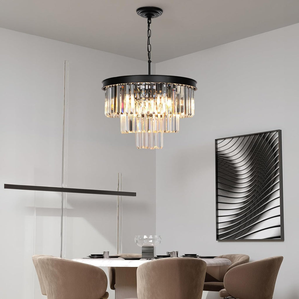 Weesalife Crystal Chandeliers for Dining Room Lights Fixtures, 9 Lights Black Modern Chandeliers for Bedroom, 3-Tier Round Crystal Lighting Fixtures for Living Room Entryway Kitchen Island D20 Inch
