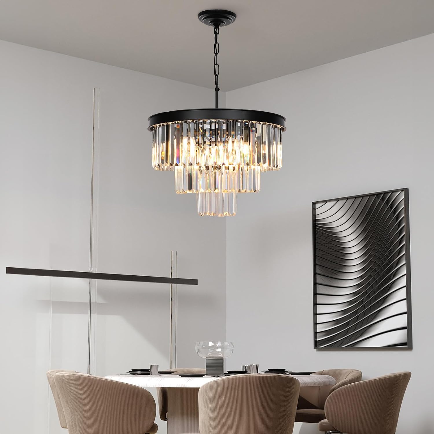 Weesalife Crystal Chandeliers for Dining Room Lights Fixtures, 9 Lights Black Modern Chandeliers for Bedroom, 3-Tier Round Crystal Lighting Fixtures for Living Room Entryway Kitchen Island D20 Inch