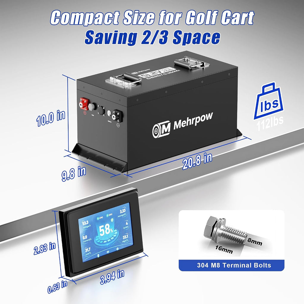 48V Lithium Battery Golf Cart Batteries Kit Built-in 200A BMS Steel Casing 48V 100Ah LiFePO4 Battery 10000 Cycles with 18A Charger Bluetooth Touch Display & APP Max 10.24kW Power Output for Golf Cart