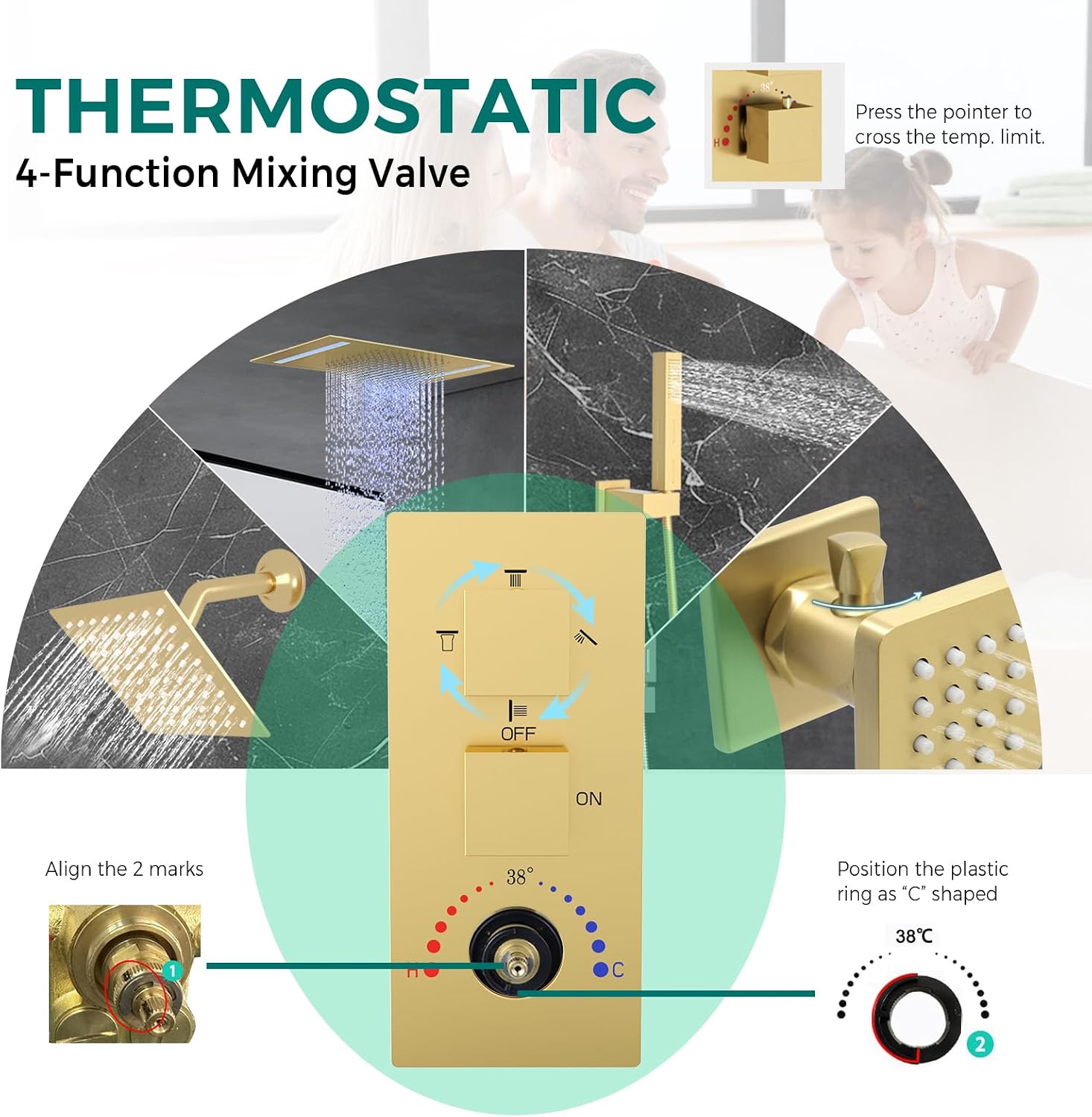 Brushed Gold Dual Heads Shower Faucets Set Thermostatic Shower System, 4-Way Shower Fixture 14X20' LED Rainfall Shower Head with 6inch Wall Mount Showerhead, Dual-mode Handheld, 4 Jets with Shut-Off