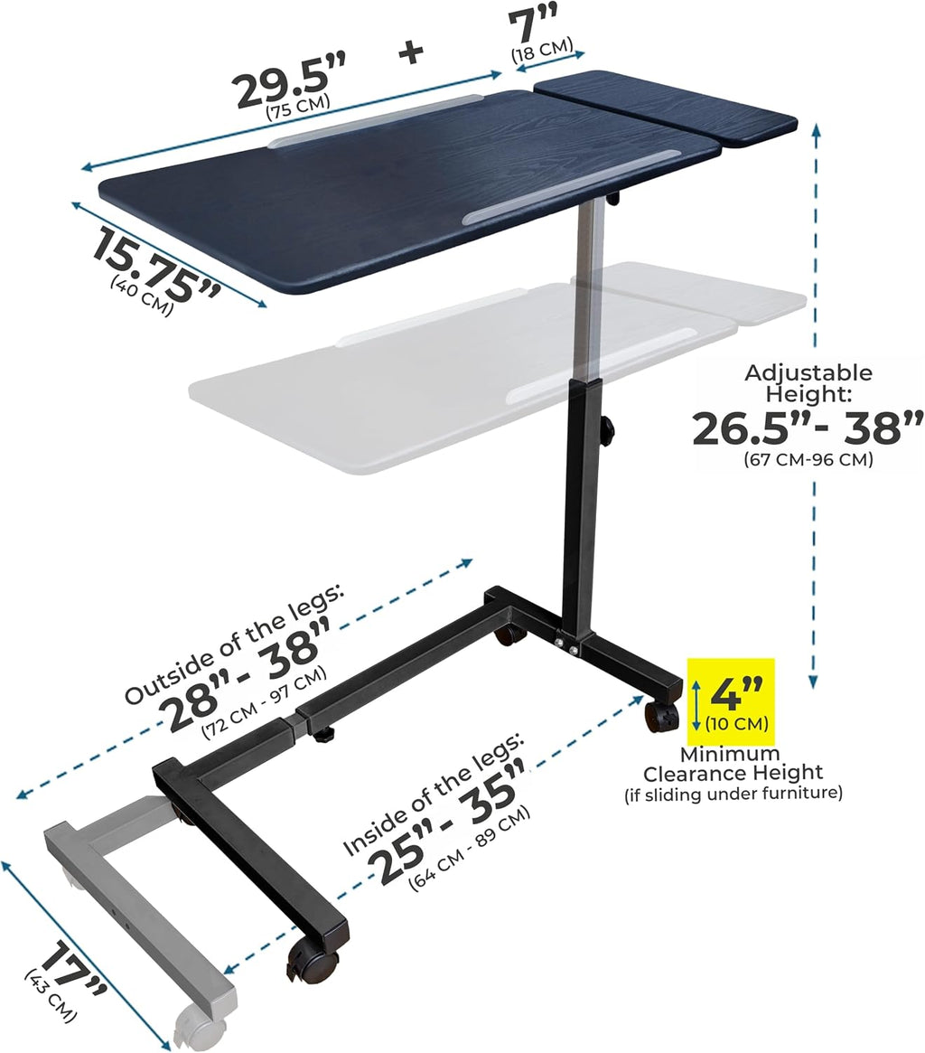 Recliner Table, Over the Bed Table with Wheels, Adjustable Width & Height, with Split Tilt Design & 4 Caster Wheels with Brakes (Black Oak Tabletop, Black Base)