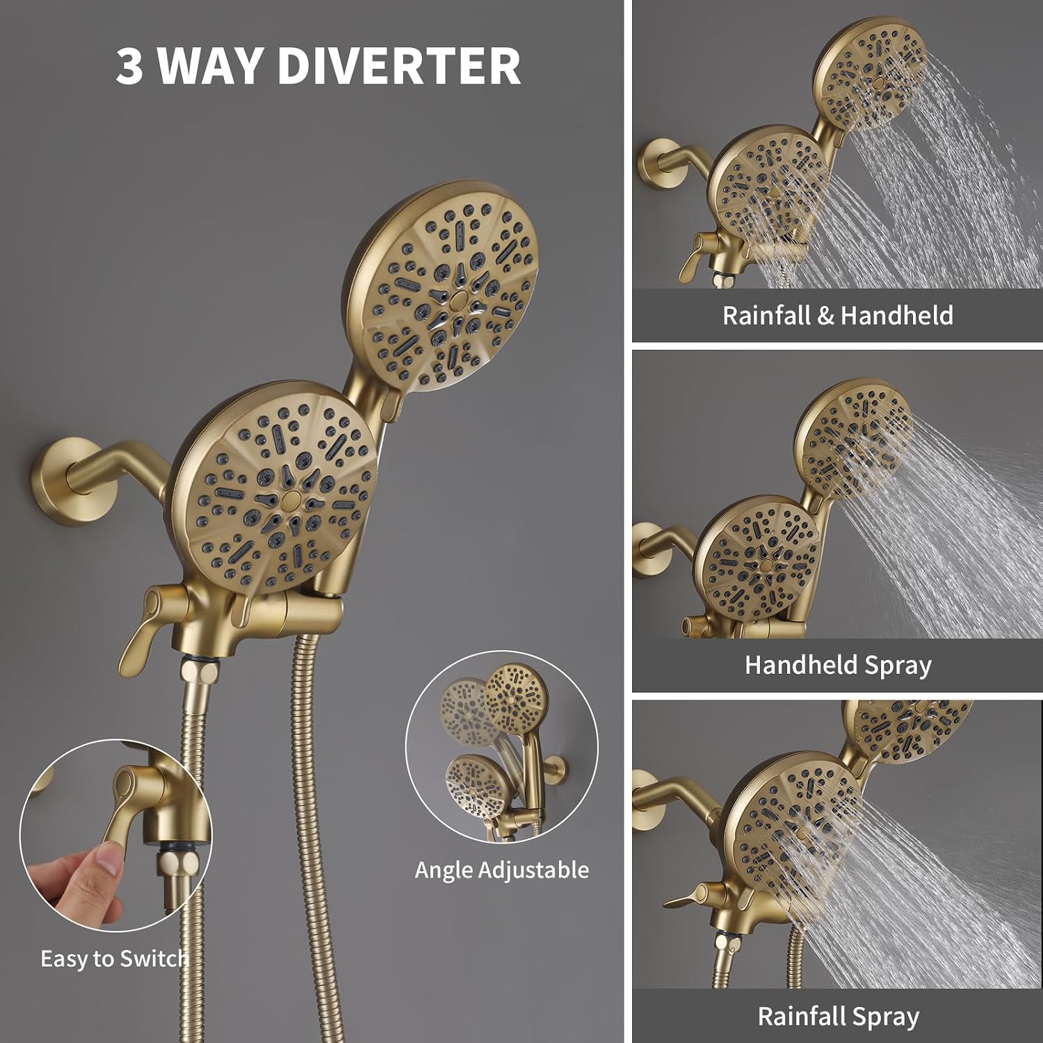 Dual Shower Head with Handheld Bathroom Double Shower Heads High Pressure 3-Way Rainfall Combo with SUS304 Hose 7-Setting Showerhead and Hand Held Shower Separately or Together Brushed Gold