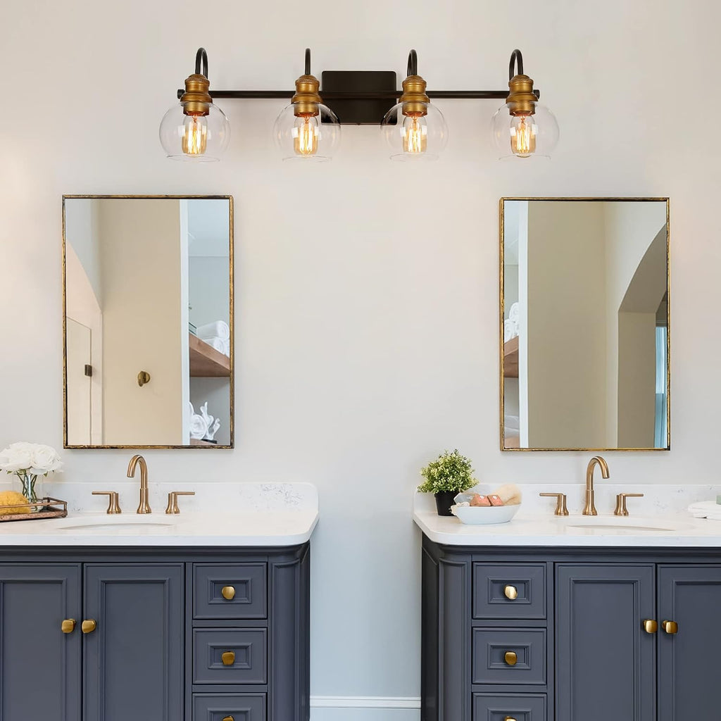 LALUZ Bathroom Vanity Light, 4-Light Black Bathroom Light Fixtures with Oil Rubbed Bronze Finish, Modern Farmhouse Vanity Lights with Clear Globe Glass Shade (L 29.5' x W 7' x H 9')