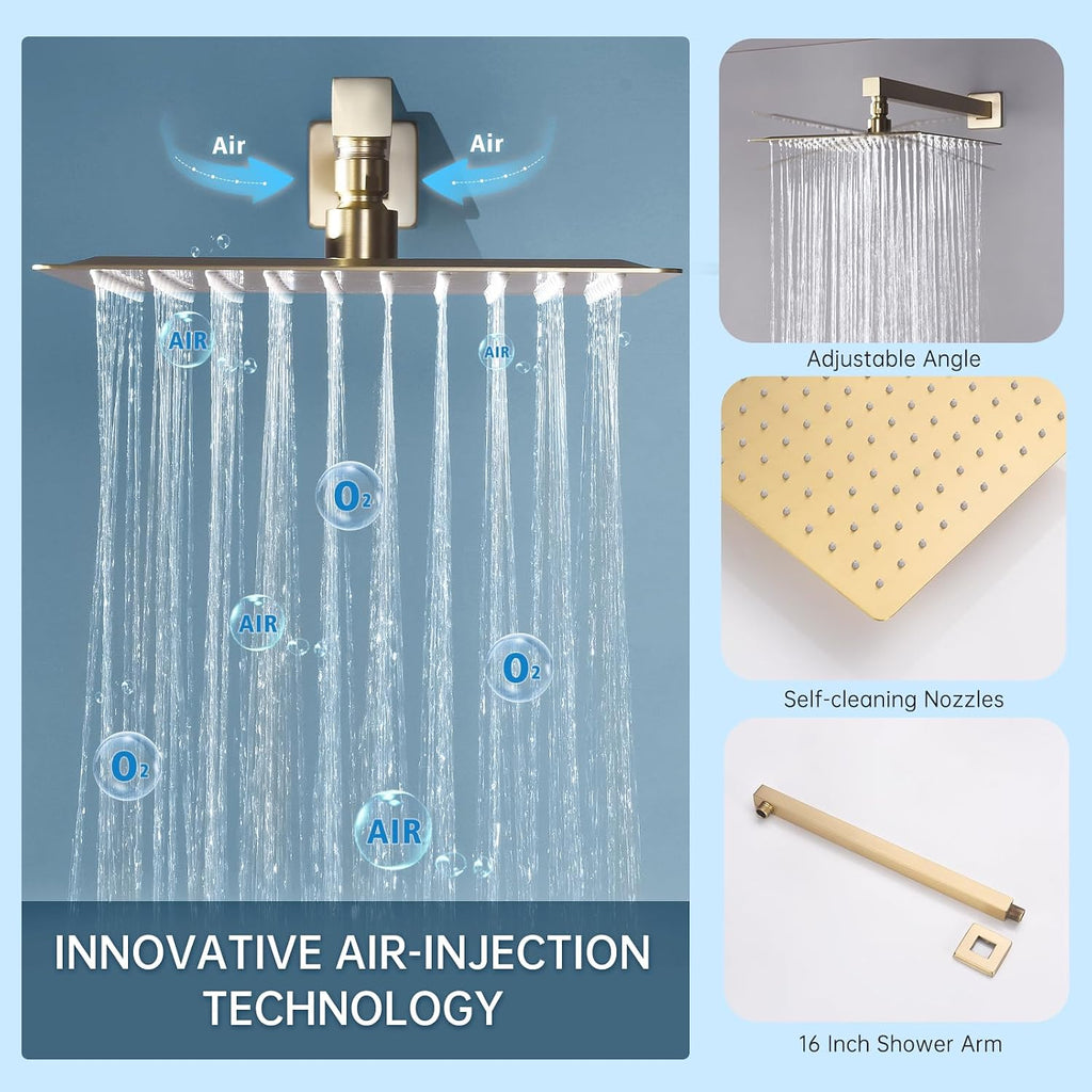 Shower System Brushed Gold Dual Shower Head with Body Jets, Oupukle Four Modes Shower Faucet Set Wall Mounted 12' & 6' Rain Shower Head with 6PCS Body Jets