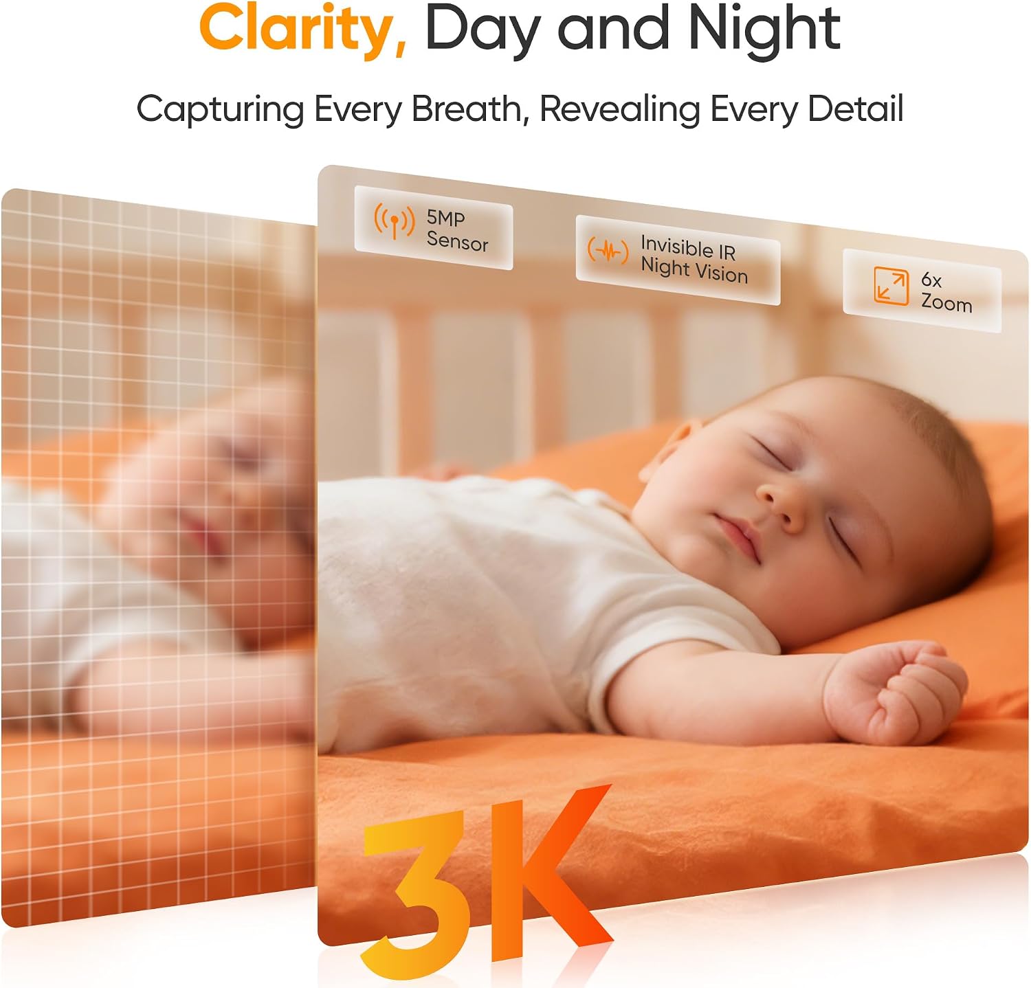 Monai Smart WiFi Baby Monitor - 3K HD Baby Camera with 7 AI Features, Pan-Tilt, 6X Zoom & Eye-Safe 950nm Night Vision, Instant Alerts for Cry/Sound/Sleep/Face, Local Storage, No Monthly Fee