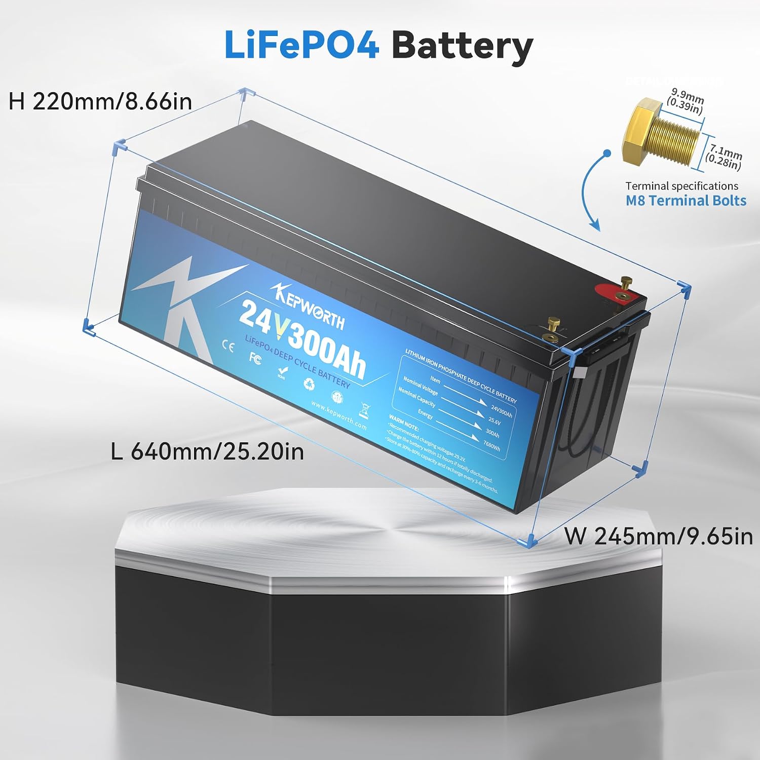 KEPWORTH 24V Lithium Battery 300Ah, Rechargeable Deep Cycle LiFePO4 Batteries, 200A BMS, Low Temp Protection, for Solar, Boat, RV, Backups, Motorhome, Offgrid Life