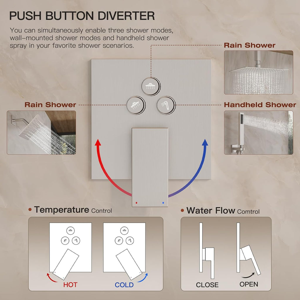 Shower System, Shower Faucet Set with 3 In 1 Push Button Valve, Shower Faucet included 10' Ceiling Shower Head and 8' Wall-Mount Shower Head with Handheld Spray, Brushed Nickel