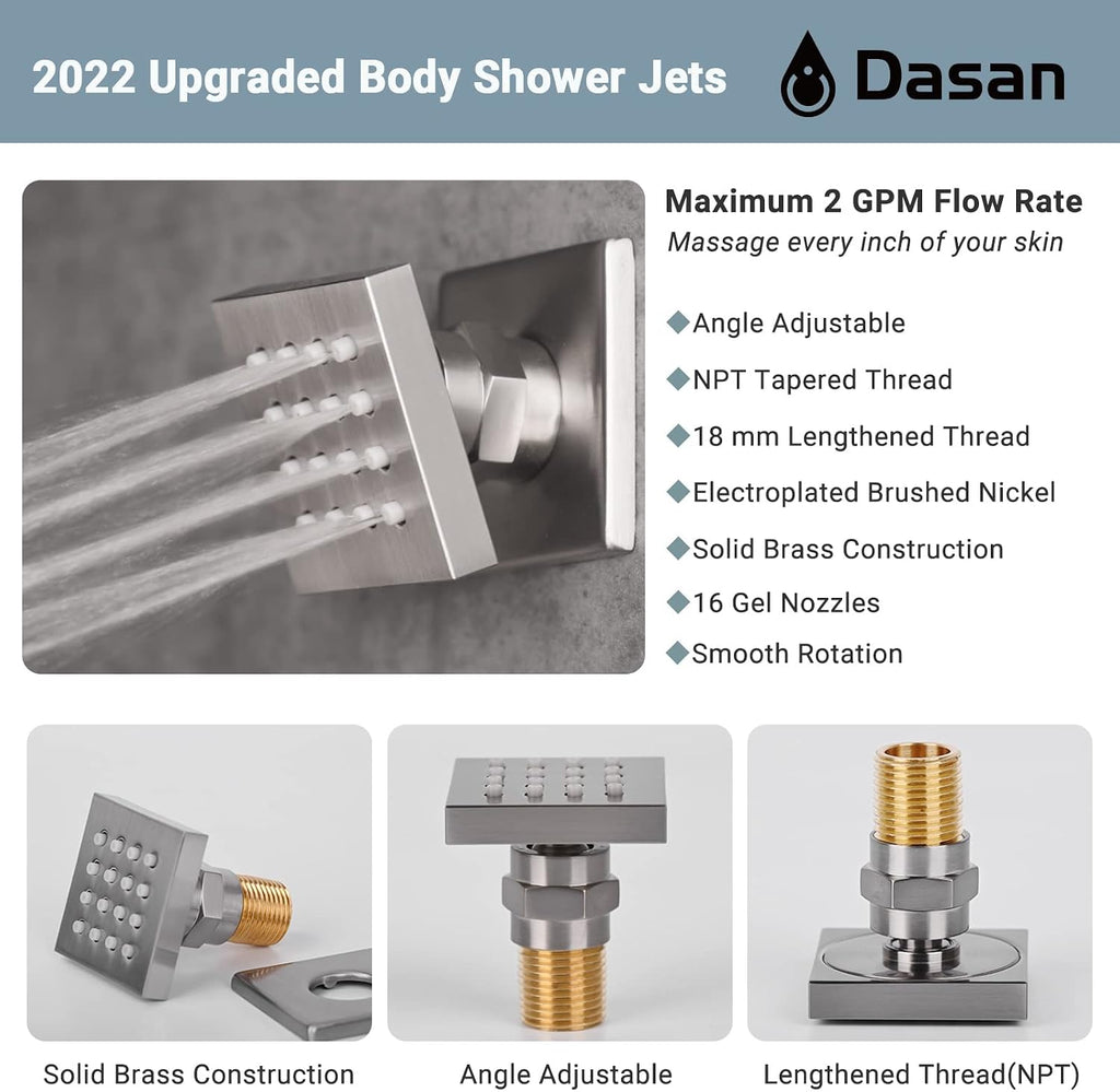 Full Body Rain Shower System with 4 Body Shower Jets & 12' Wall Mount Rainfall Shower Head & Handheld, DASAN Multi Shower Head System Brushed Nickel Rain Shower Faucets sets Combo with Rough-in Valve
