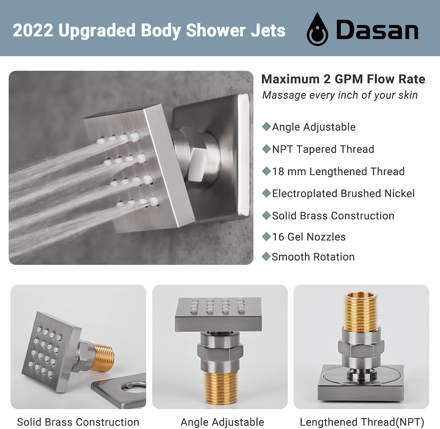 Full Body Rain Shower System with 4 Body Shower Jets & 12' Wall Mount Rainfall Shower Head & Handheld, DASAN Multi Shower Head System Brushed Nickel Rain Shower Faucets sets Combo with Rough-in Valve
