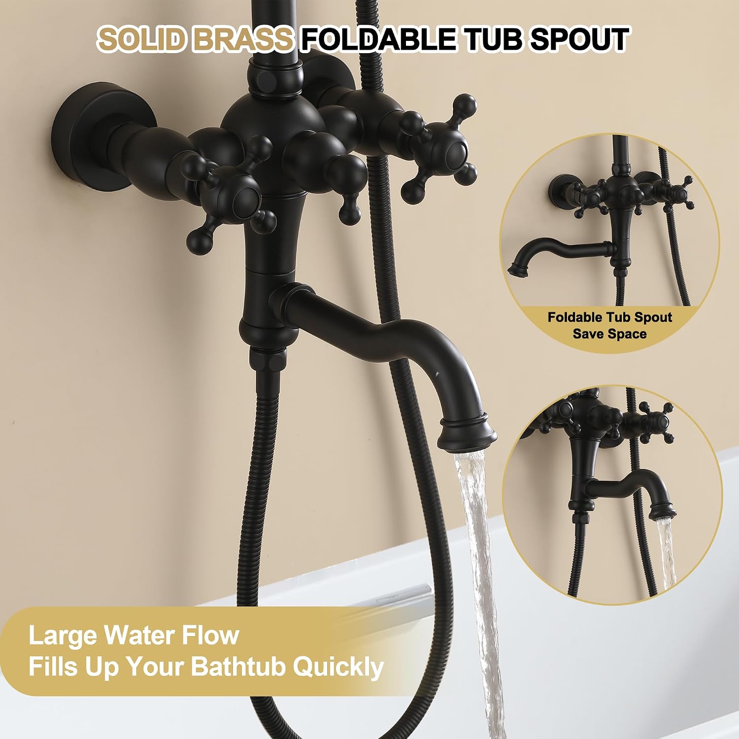 Exposed Shower System Matte Black,Antique Outdoor Shower Faucet with 8 Inches Rainfall Shower Head,Vintage Outdoor Shower Fixture with Foldable Tub Spout,Outdoor Shower Kit for Backyard Poolside