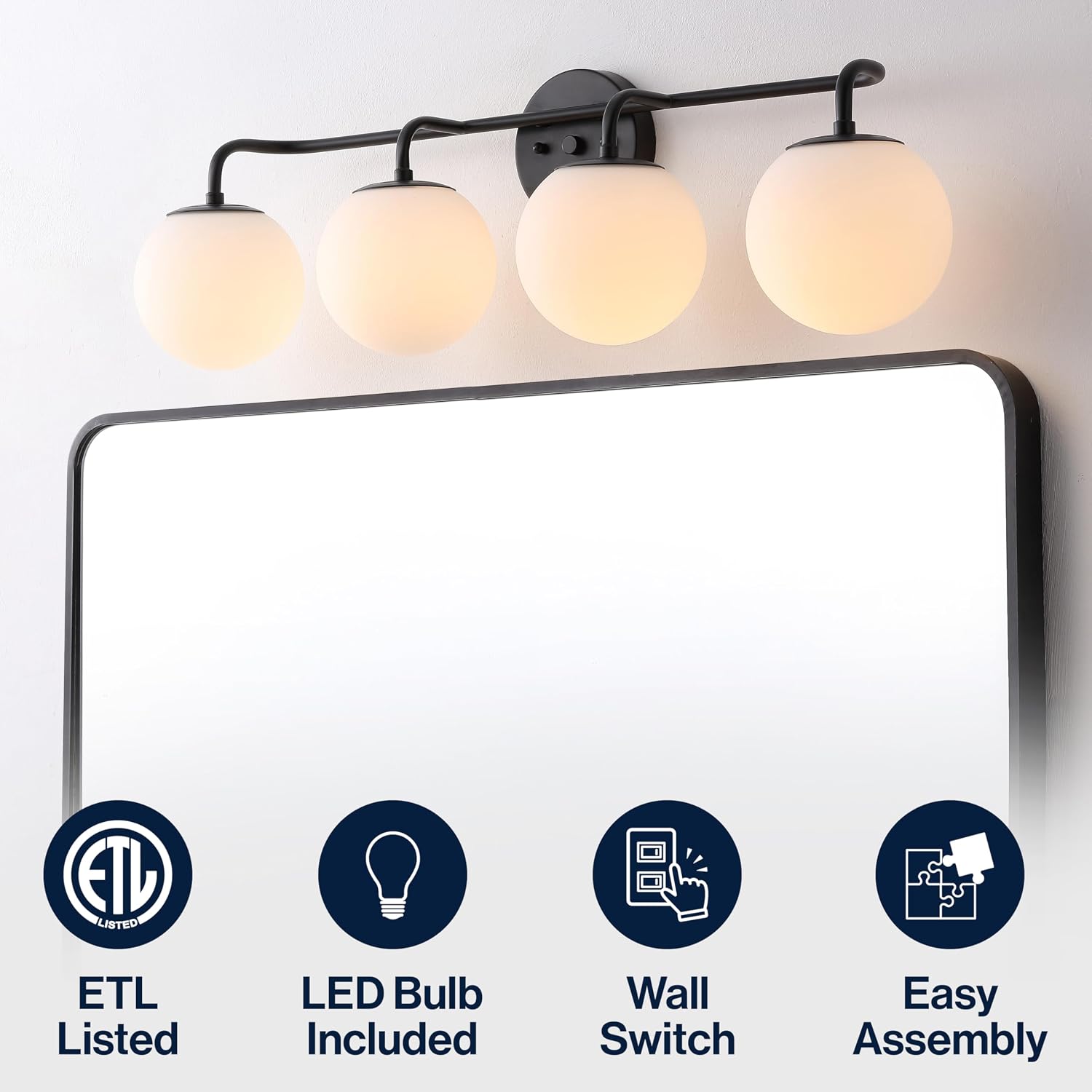 JONATHAN Y 31' Black Modern Globe Wall Sconce Vanity Light for Bathroom, White Frosted Glass Shade, Midcentury Parisian Bistro Wall Lamp, LED Bulb Included (JYL3558B)