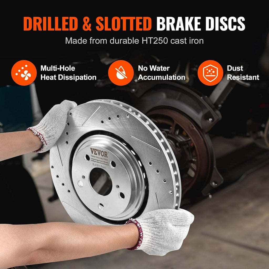 VEVOR Front and Rear Brake Kit Compatible with Toyota Sienna, Highlander, Lexus RX350, RX450h, Drilled and Slotted Brake Rotors Ceramic Brake Pads Replacement, 12.9' Front Rotors 12.2' Rear Rotors